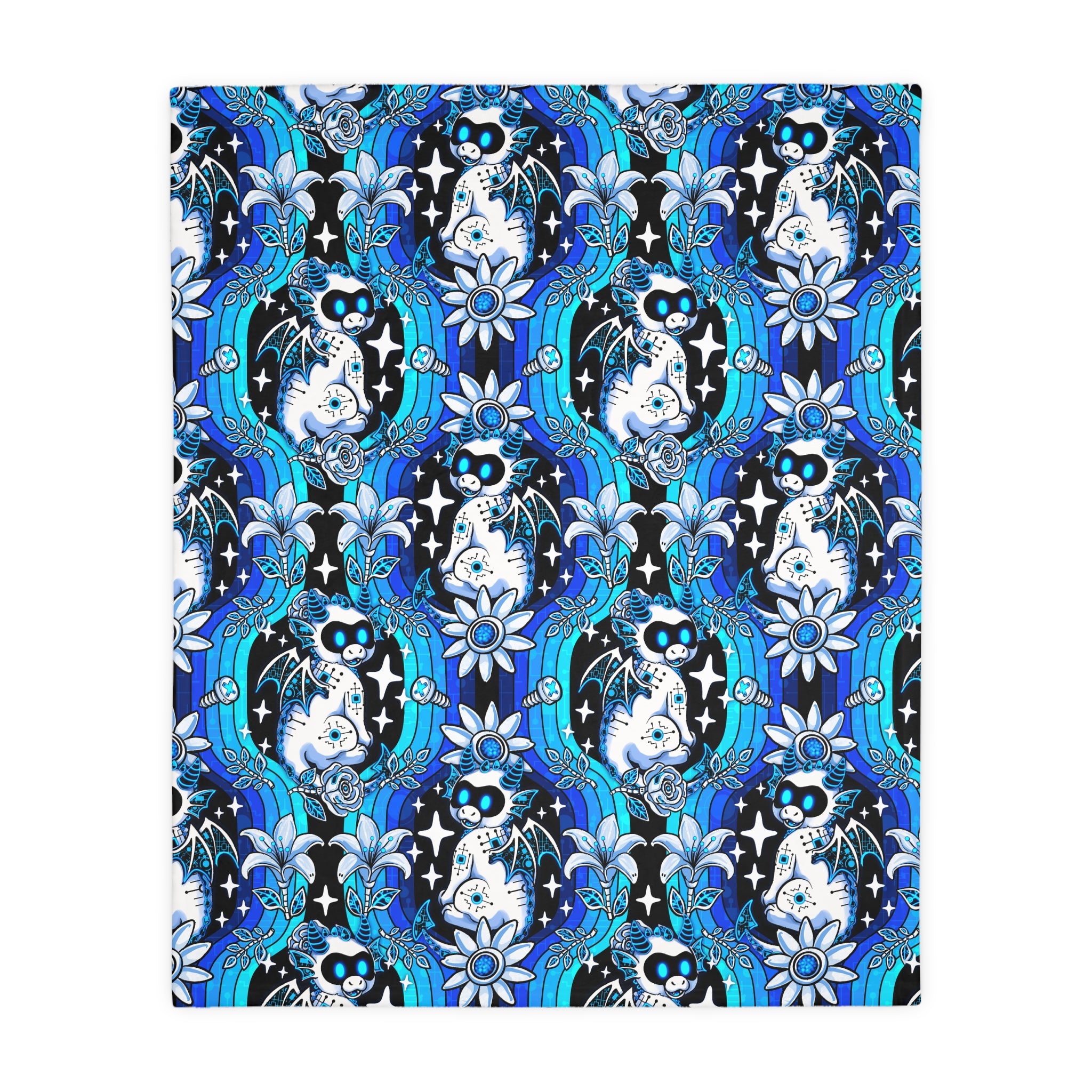 Mystic Robotic Dragon Moon Blanket — Reversible Blue Celestial Microfiber Throw