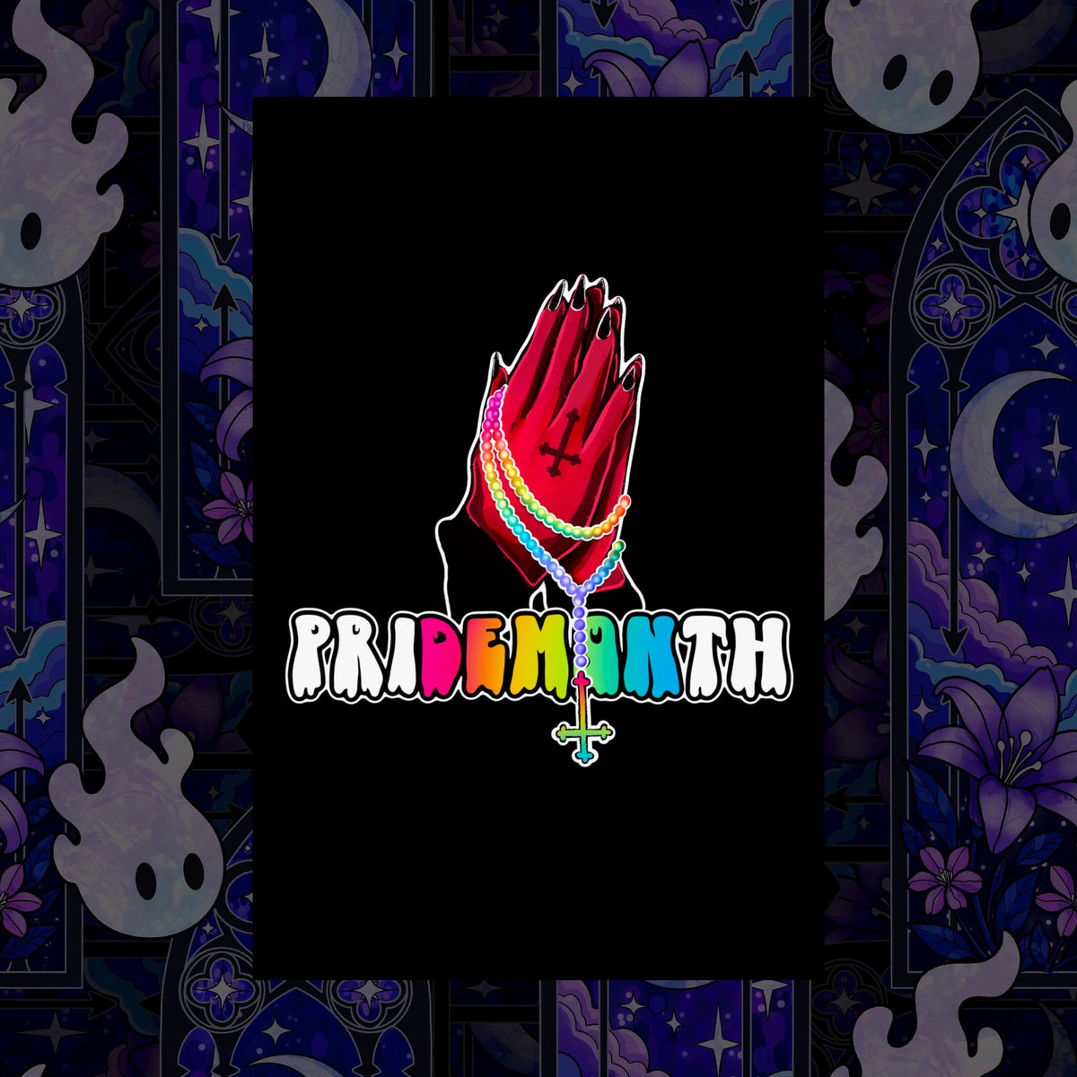 priDEMONth Poster — Rainbow 'Pride Month' Praying Hands Matte Vertical Poster