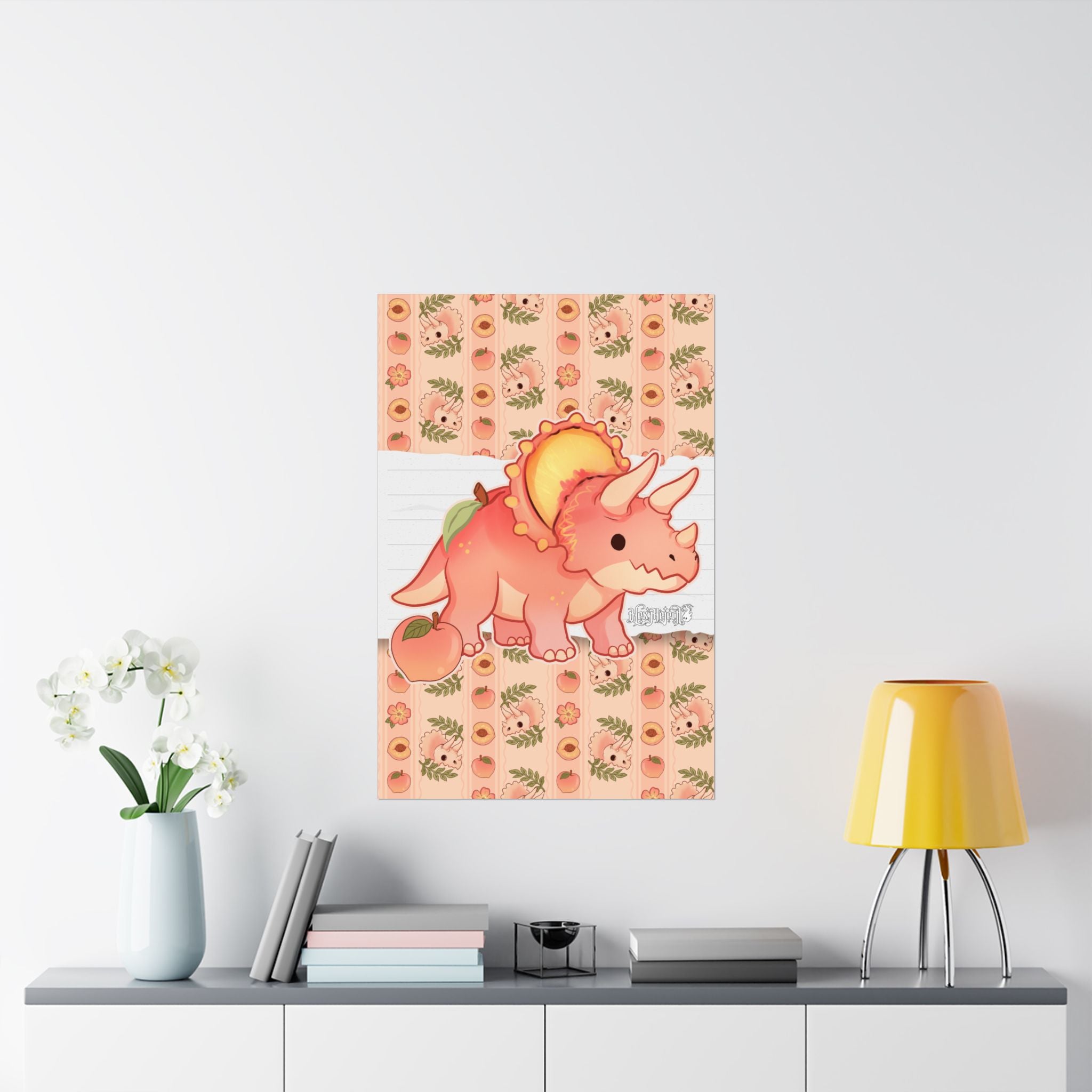 Peach Triceratops Dinosaur Matte Vertical Poster Art Print. Peachasaurus.