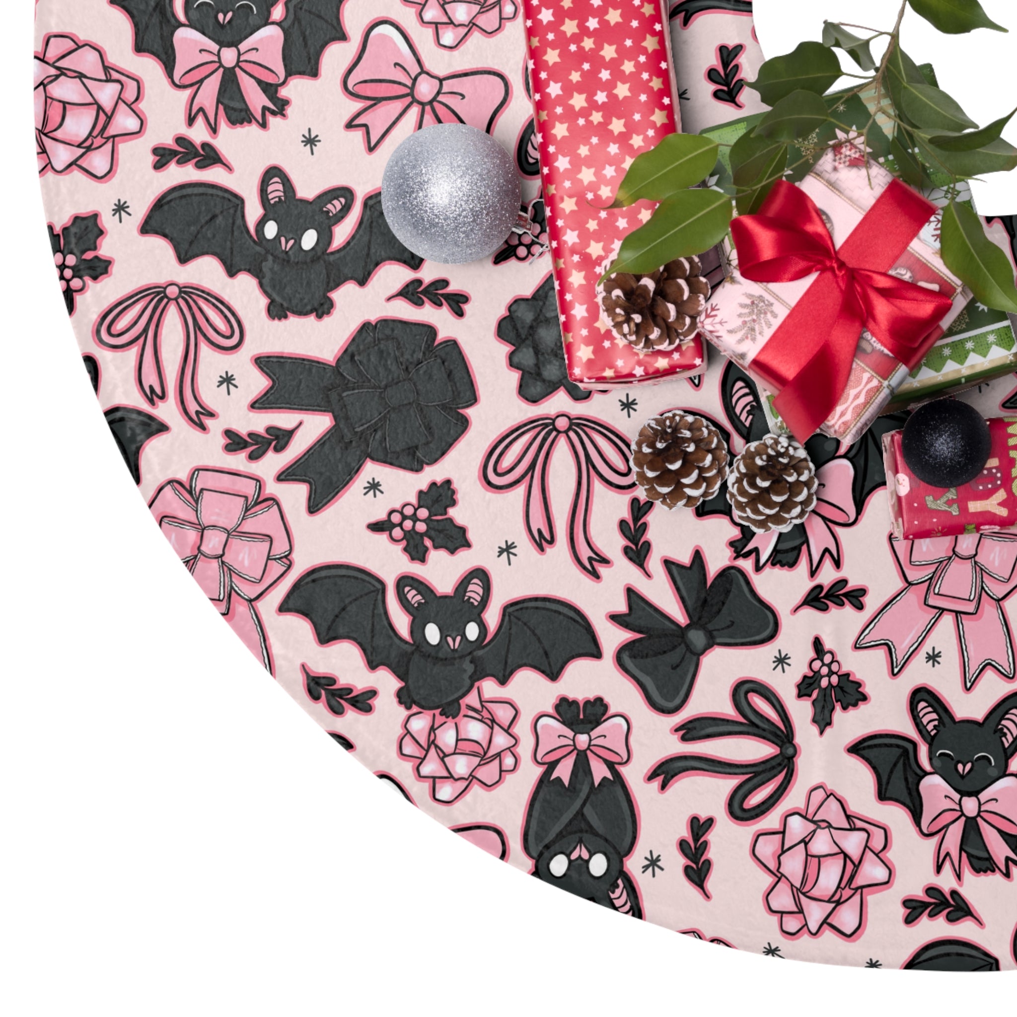 Bats & Bows Tree Skirt, Festive Holiday Decor, Cute Santa & Friends Design, Family Christmas Traditions, Unique Gift Idea