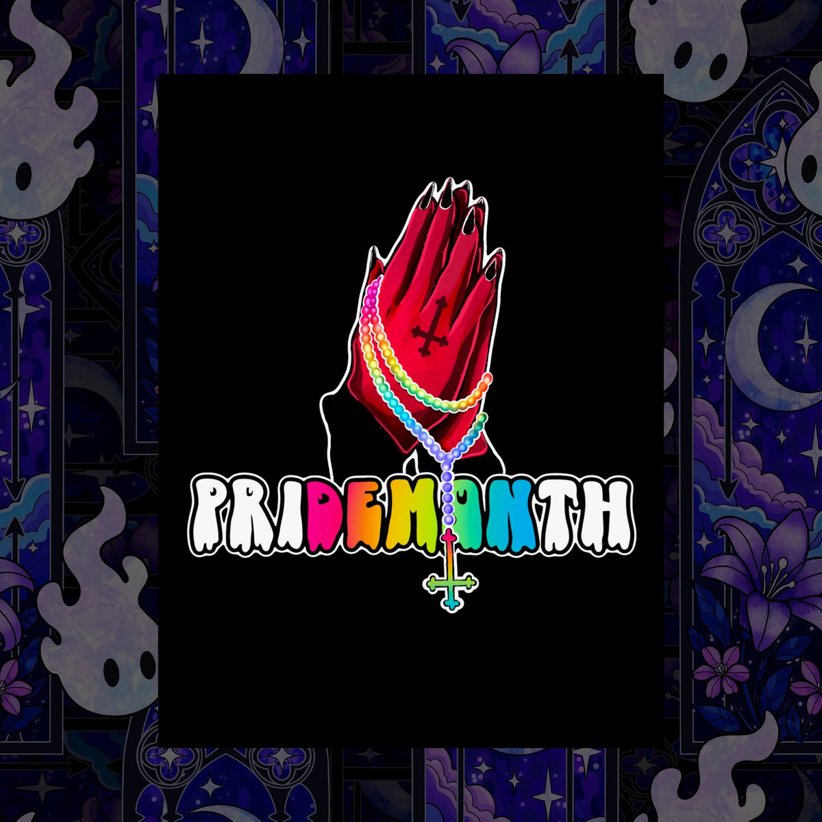 priDEMONth Poster — Rainbow 'Pride Month' Praying Hands Matte Vertical Poster
