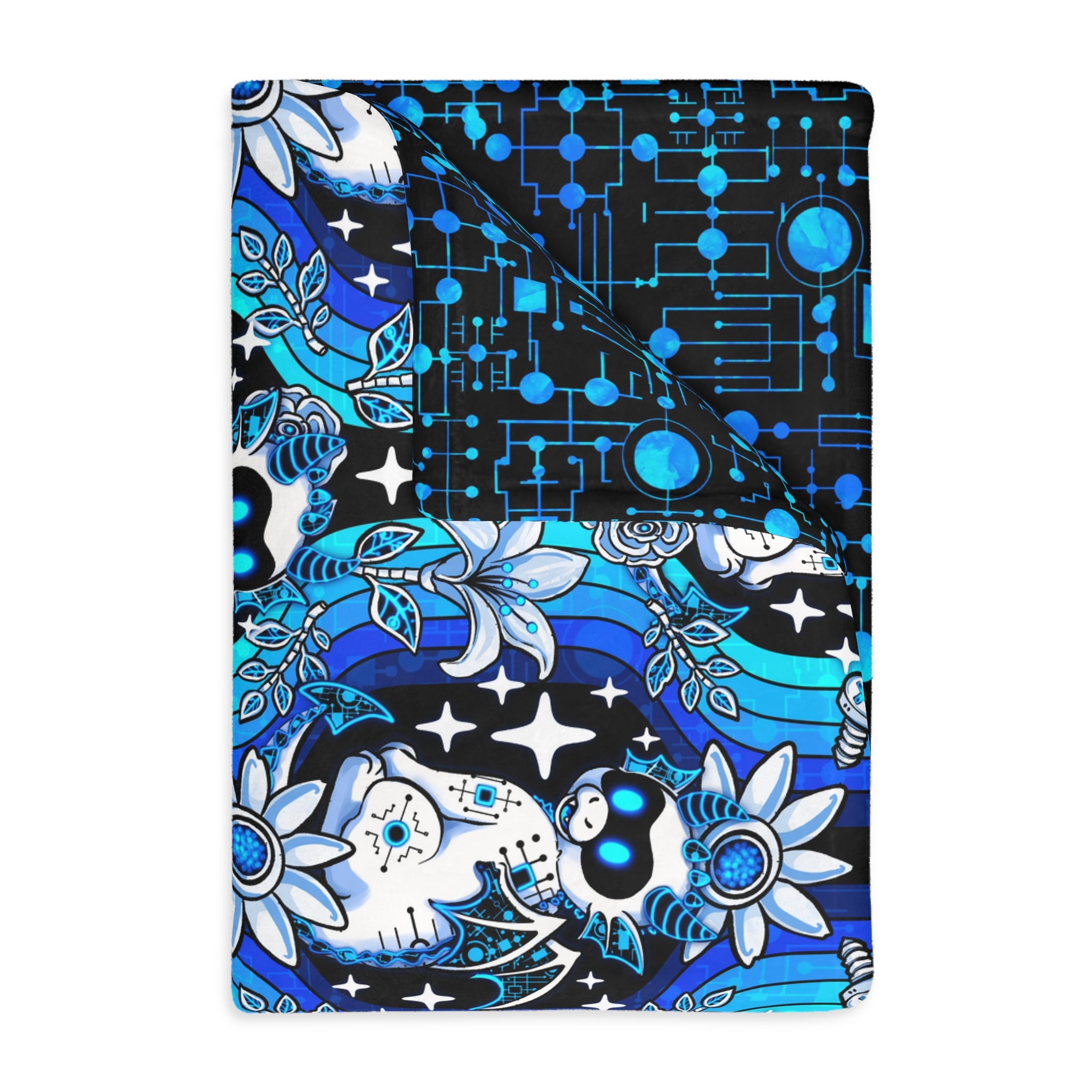Mystic Robotic Dragon Moon Blanket — Reversible Blue Celestial Microfiber Throw