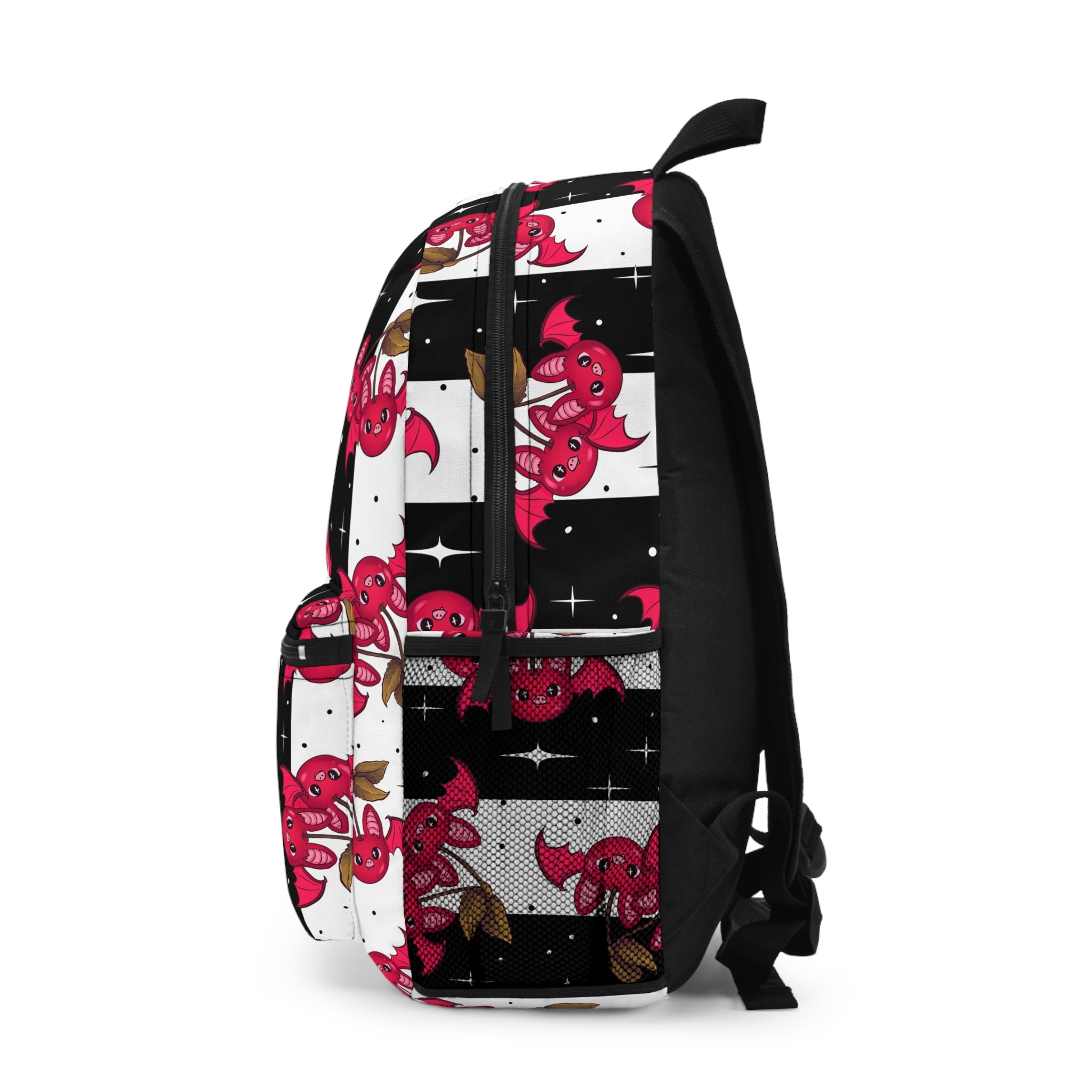 Cherry Fruit Bat Pattern Backpack — Cute Red Bat Striped School Bag