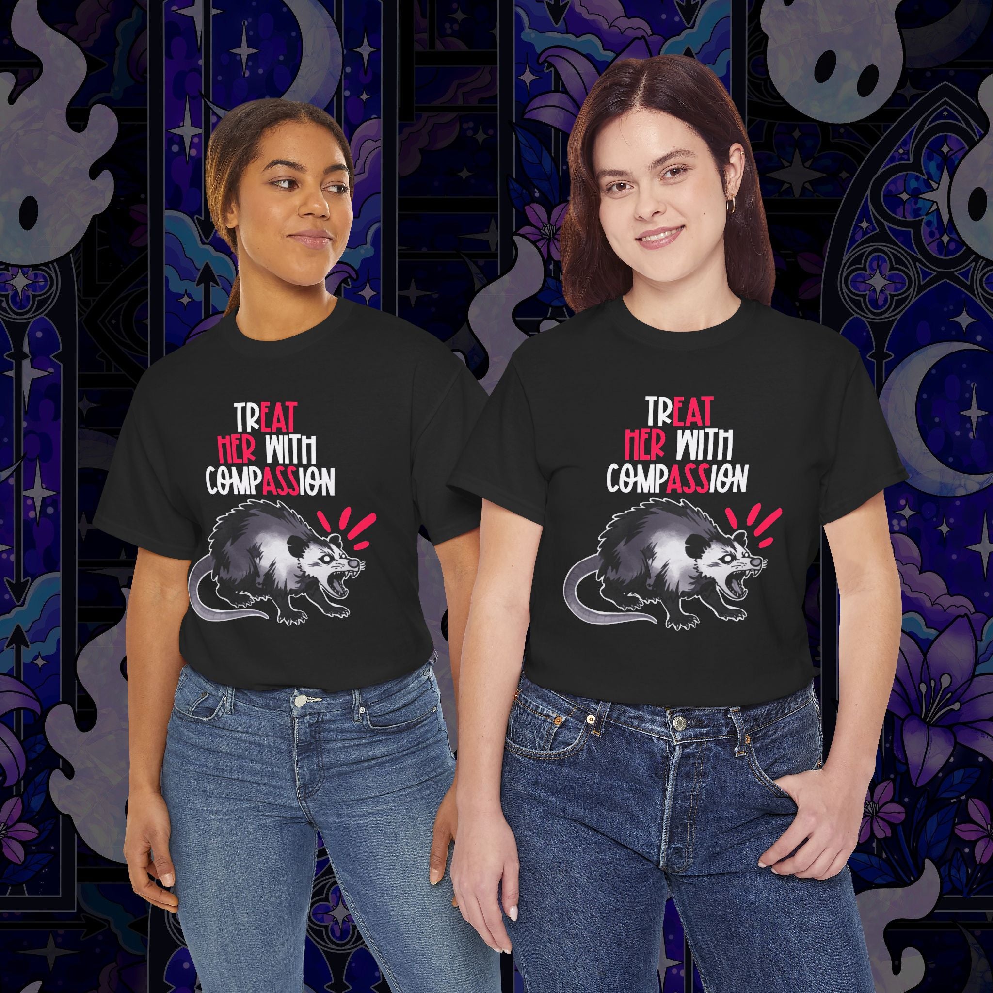 Treat Her With Compassion Opossum Tee — 'Treat Her With Compassion / Eat Her Ass' Graphic Tee Shirt