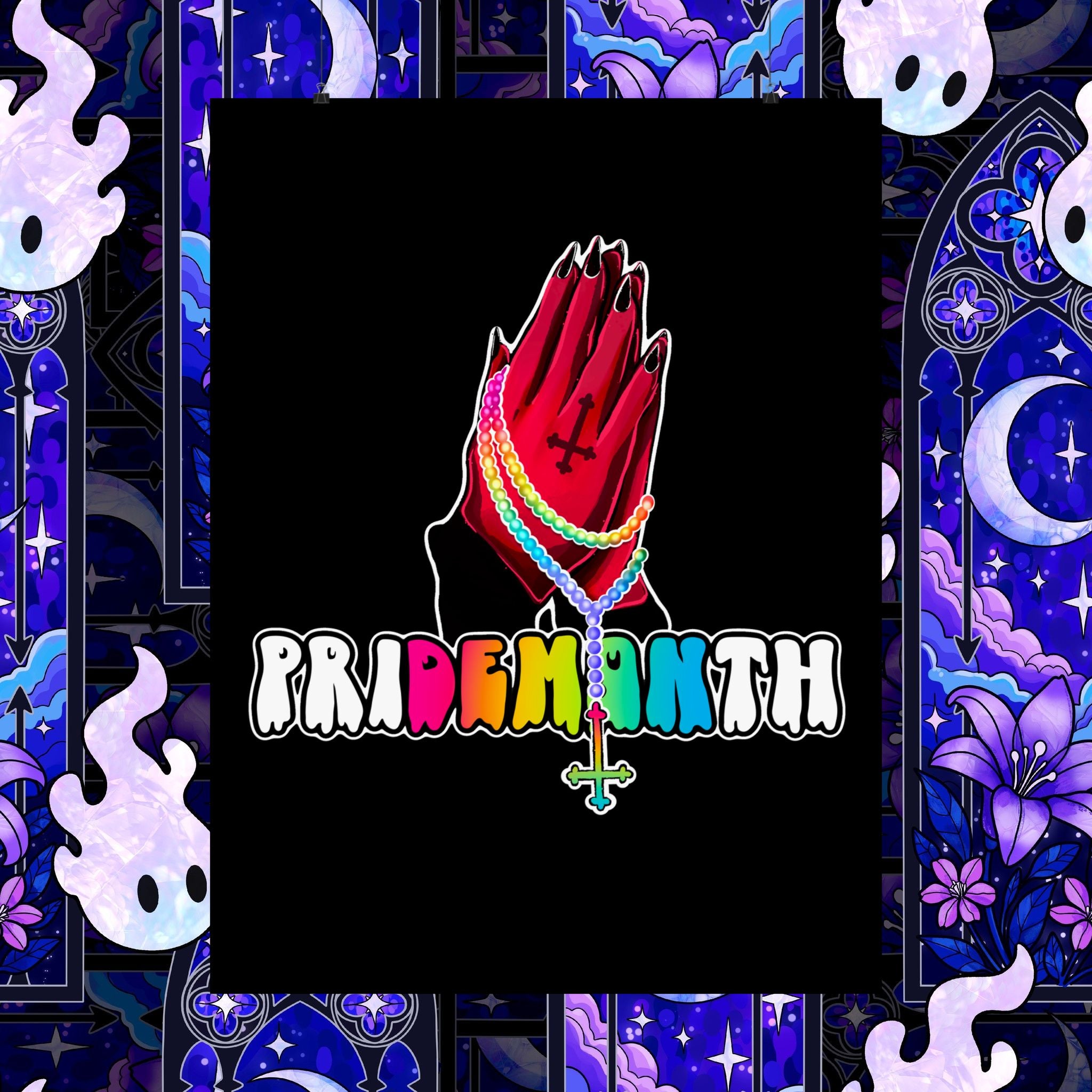 priDEMONth Poster — Rainbow 'Pride Month' Praying Hands Matte Vertical Poster