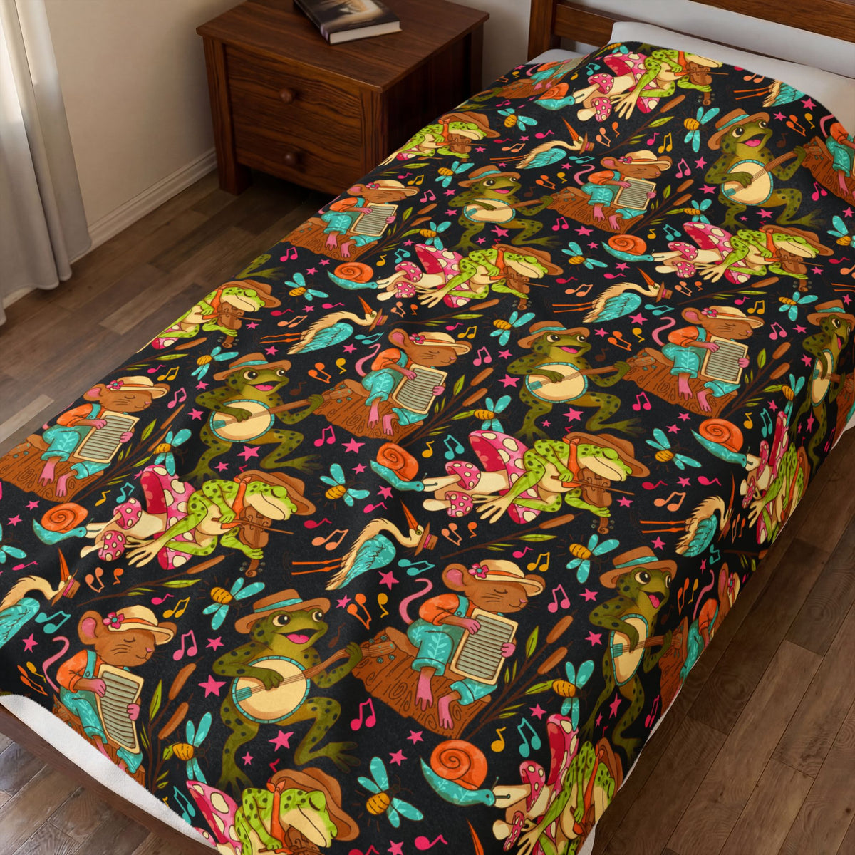 Swamp Jamboree Velveteen Plush Blanket — Colorful Frog Bluegrass Dopamine Band Pattern