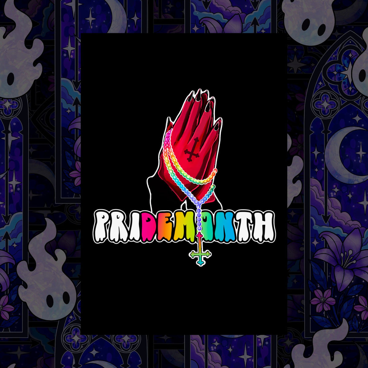 priDEMONth Poster — Rainbow 'Pride Month' Praying Hands Matte Vertical Poster