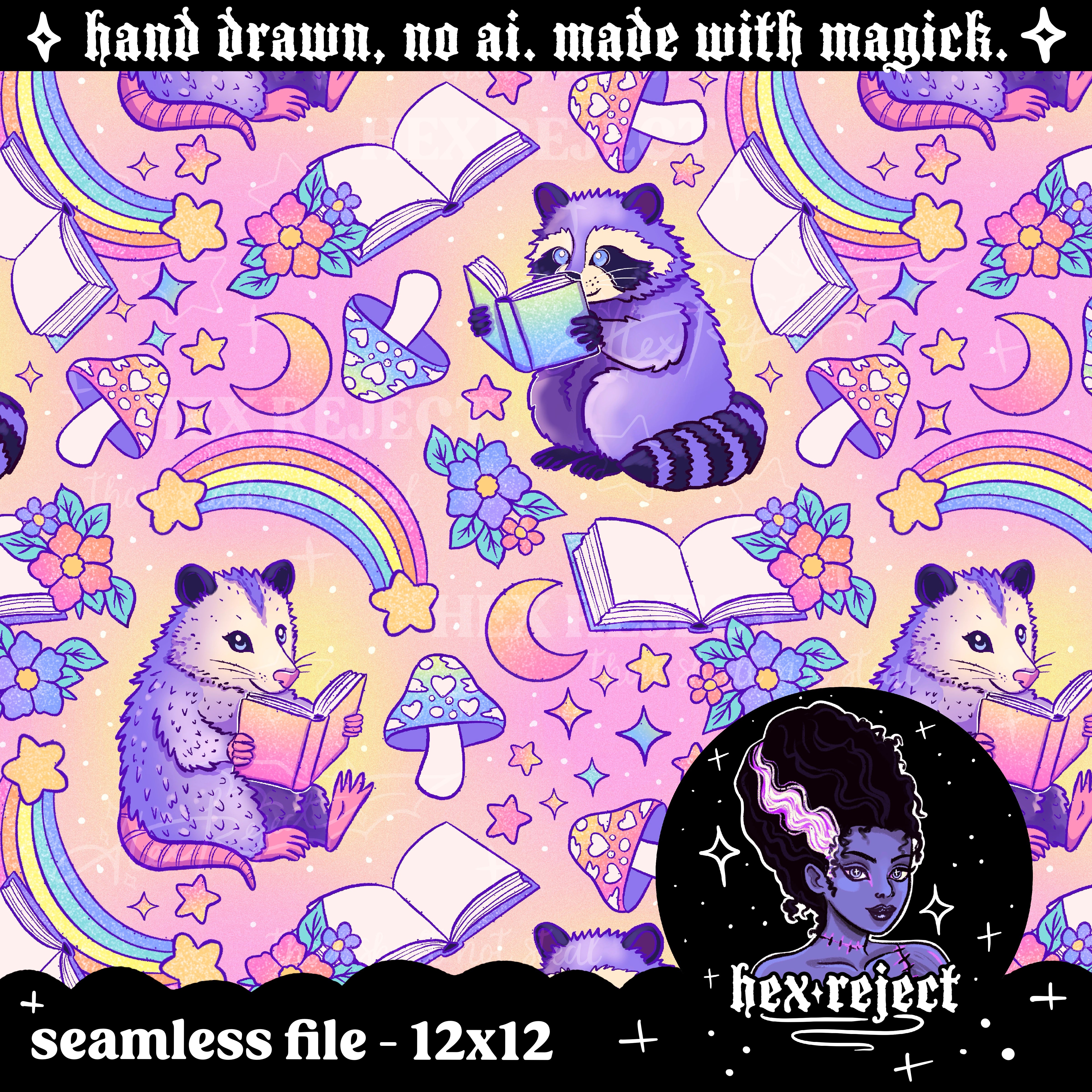 Trashy - reading raccoons and opossums - Seamless & png file - 14 days of yuck