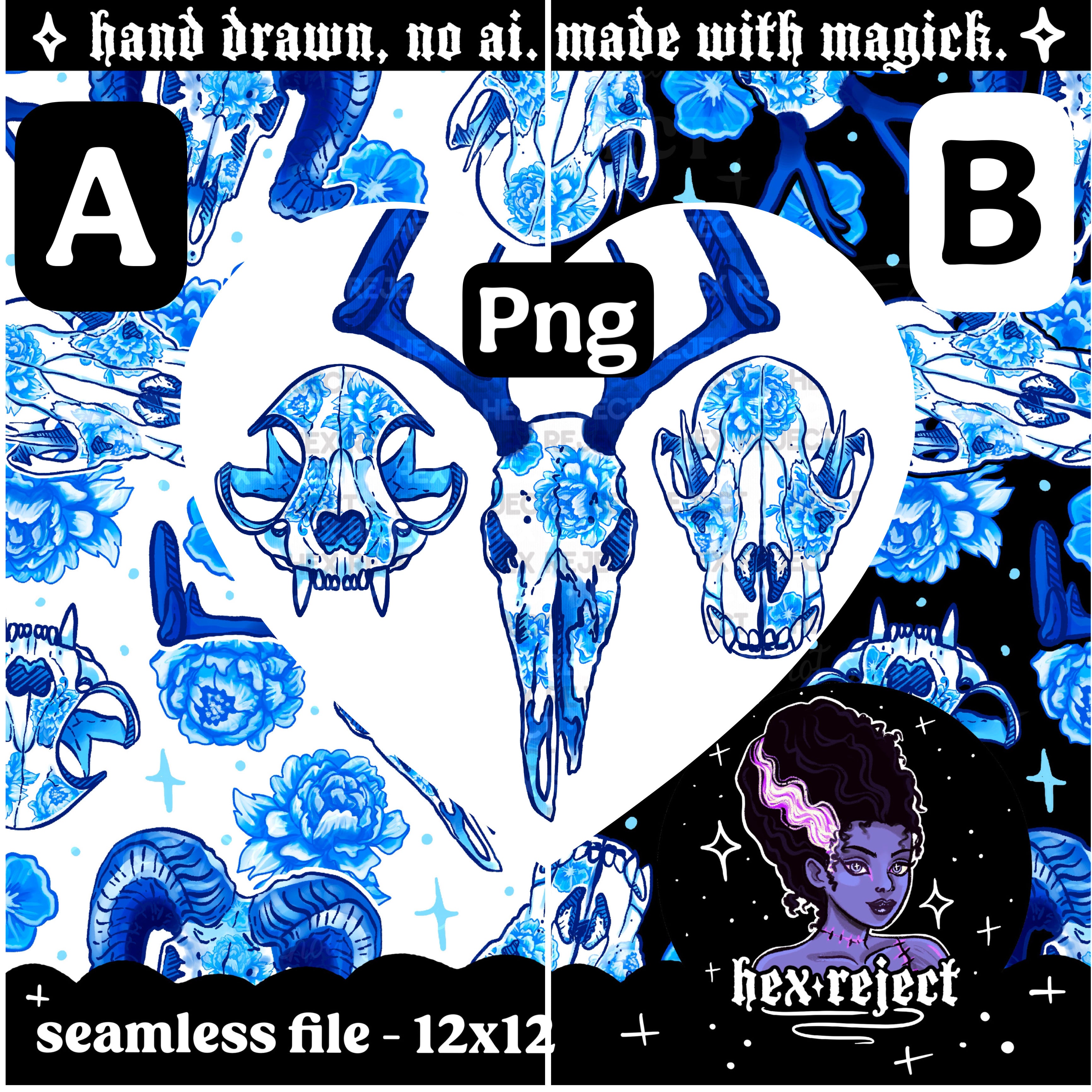 Oddities - blue porcelain skulls - Seamless & PNG files - Hextober 2025