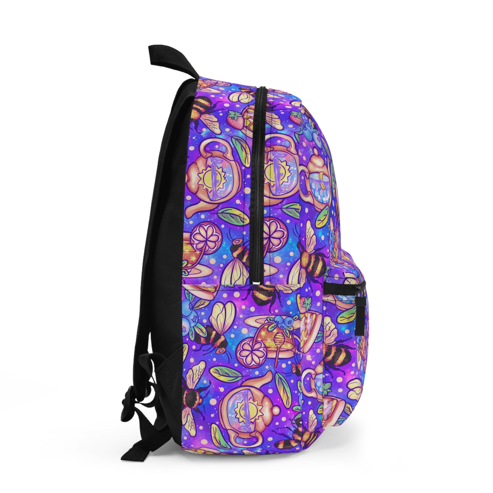 Purple Bees, Teas & Galaxies Backpack — Cute Floral Tea Party Print, Colorful School Bag