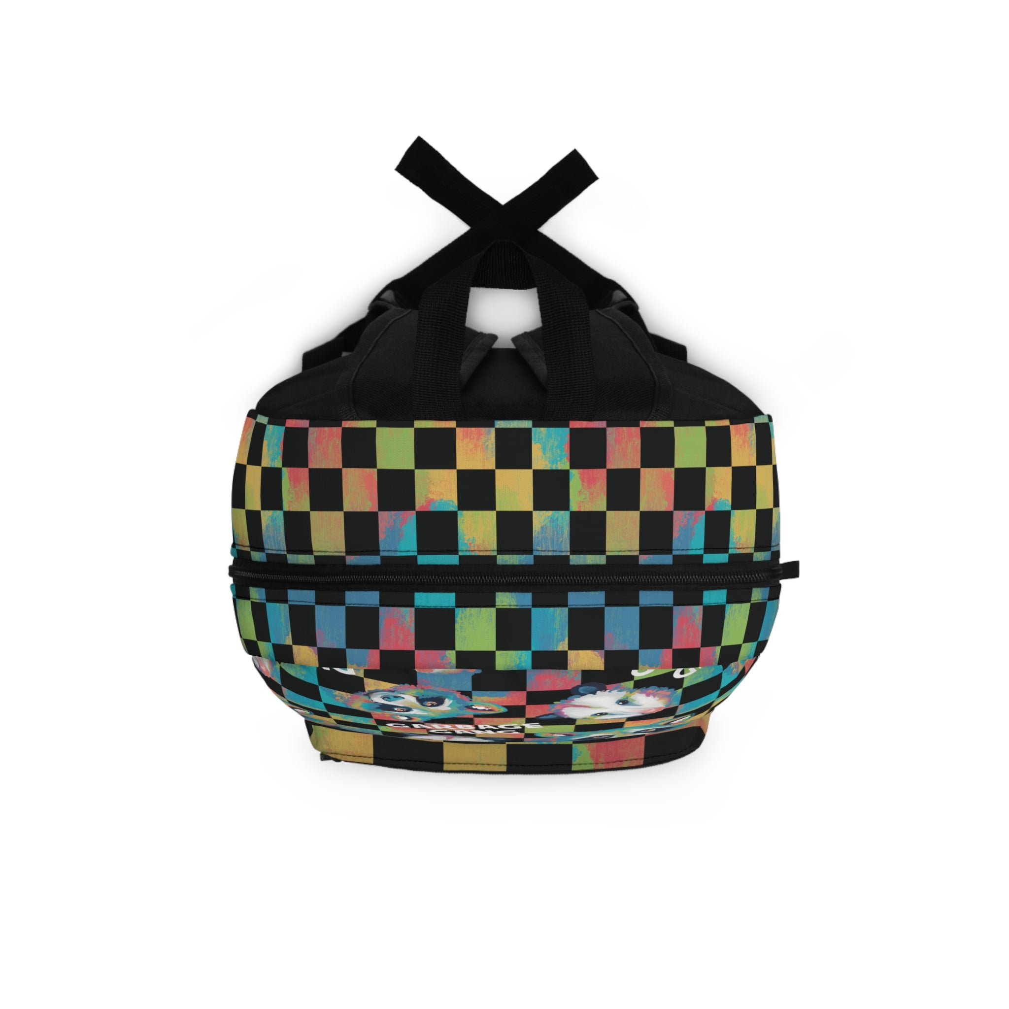 Checkerboard Raccoon "Garbage Gang" Backpack — Colorful Urban Streetwear Bag