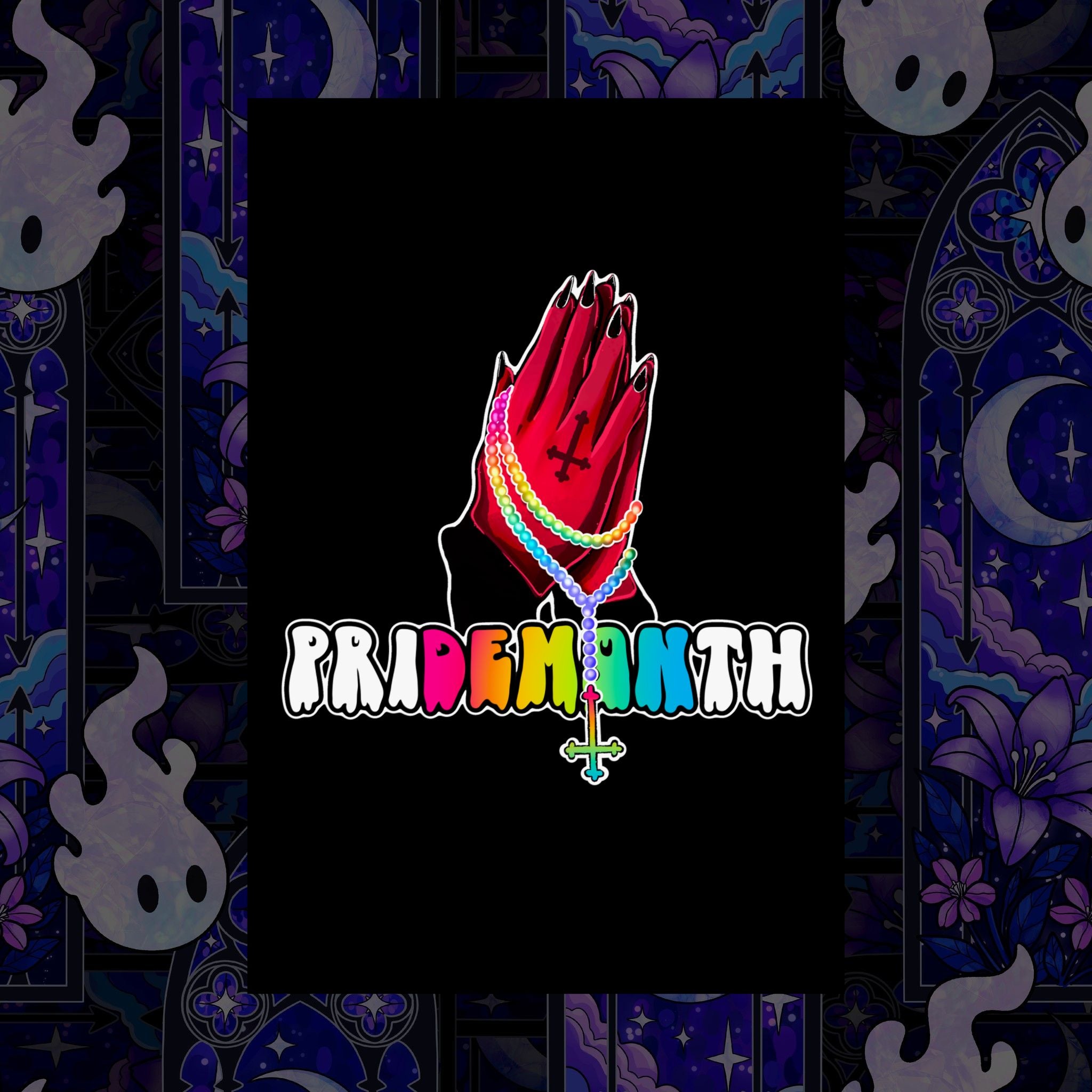 priDEMONth Poster — Rainbow 'Pride Month' Praying Hands Matte Vertical Poster