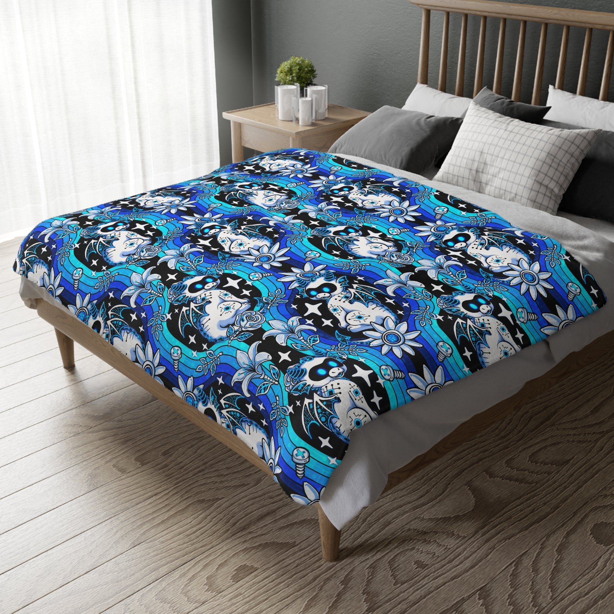 Mystic Robotic Dragon Moon Blanket — Reversible Blue Celestial Microfiber Throw