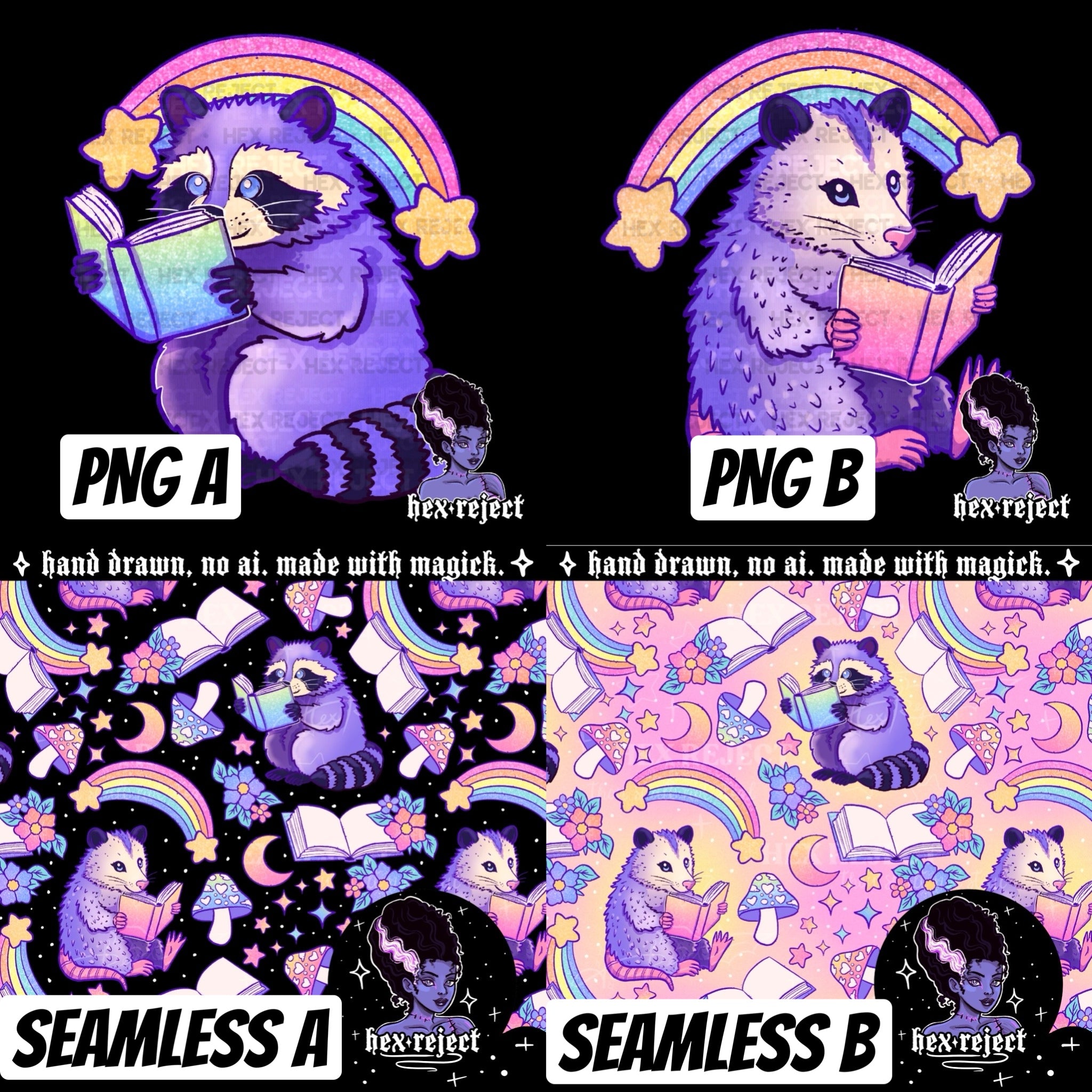 Trashy - reading raccoons and opossums - Seamless & png file - 14 days of yuck