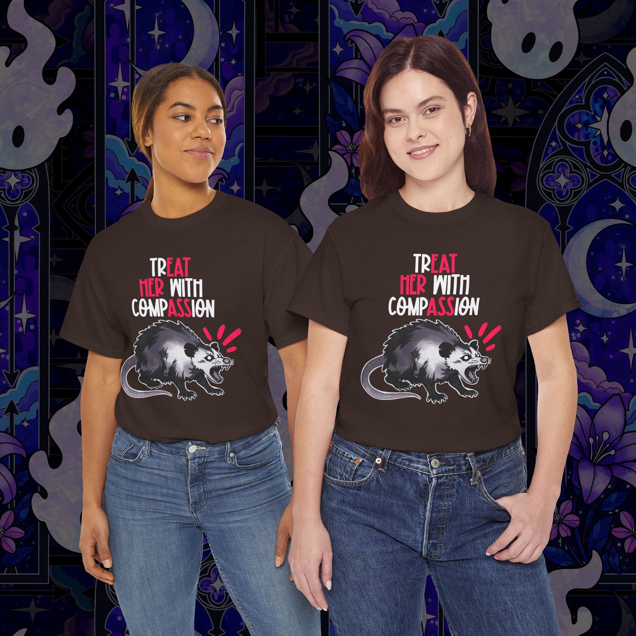 Treat Her With Compassion Opossum Tee — 'Treat Her With Compassion / Eat Her Ass' Graphic Tee Shirt
