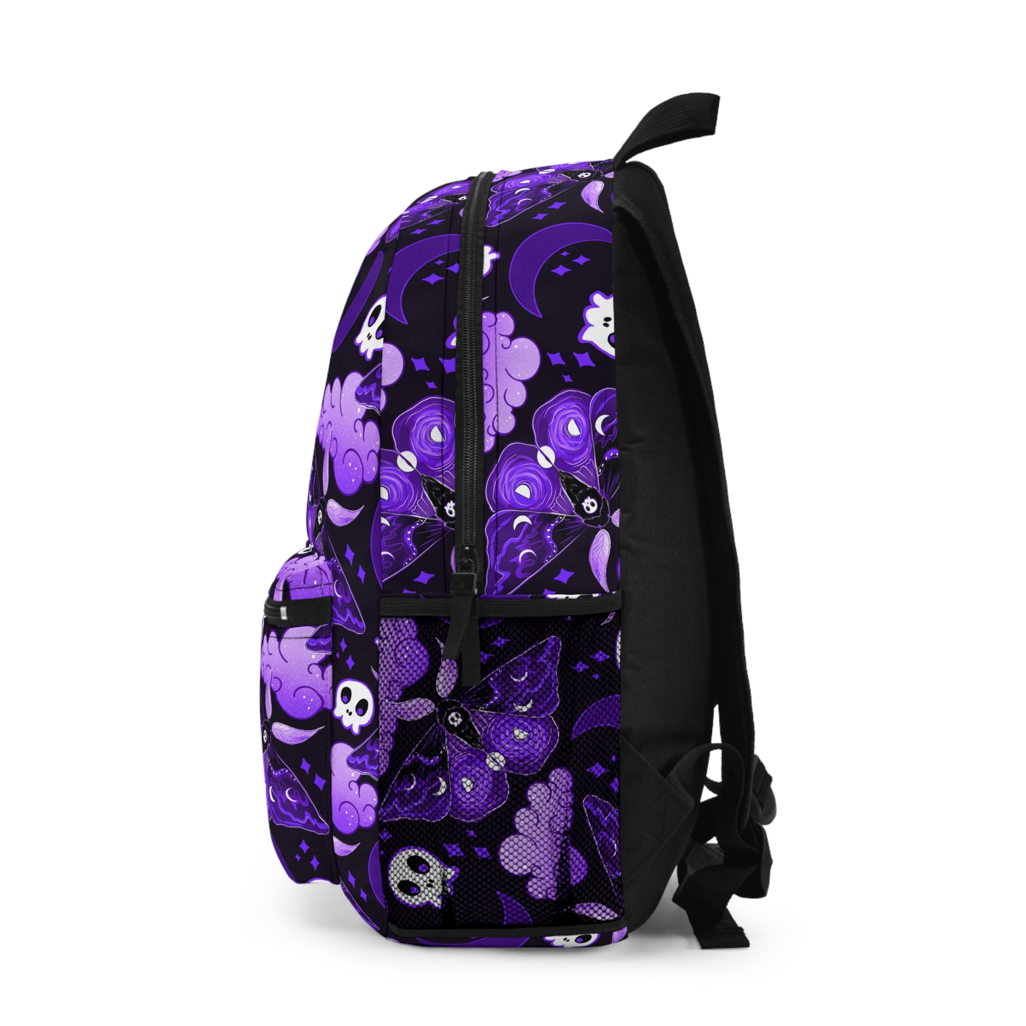 Purple Gothic Moth Backpack — Skull, Moon & Cloud Pattern