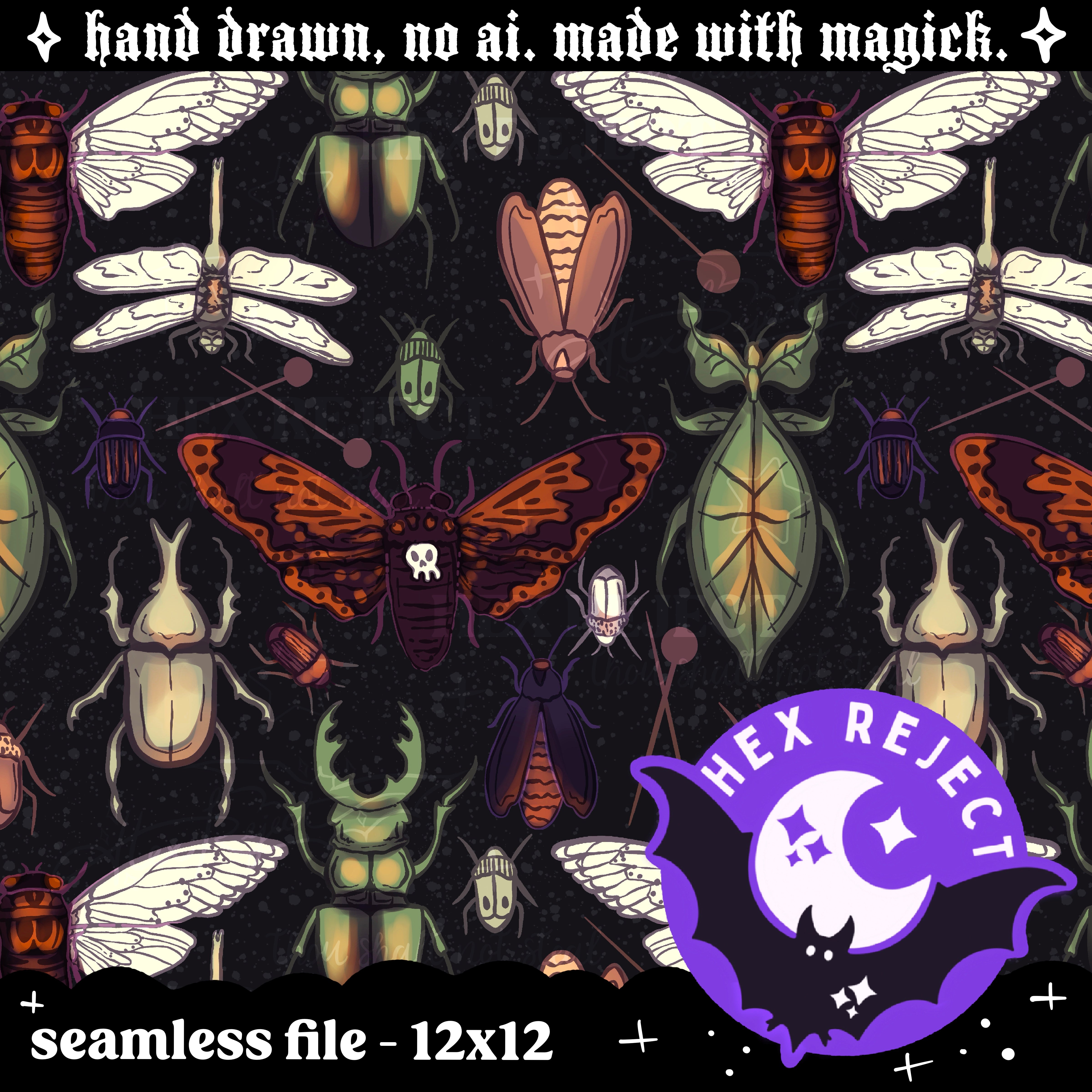 Jewel Tone Insects - Charcoal - Seamless file - small handmade shops only