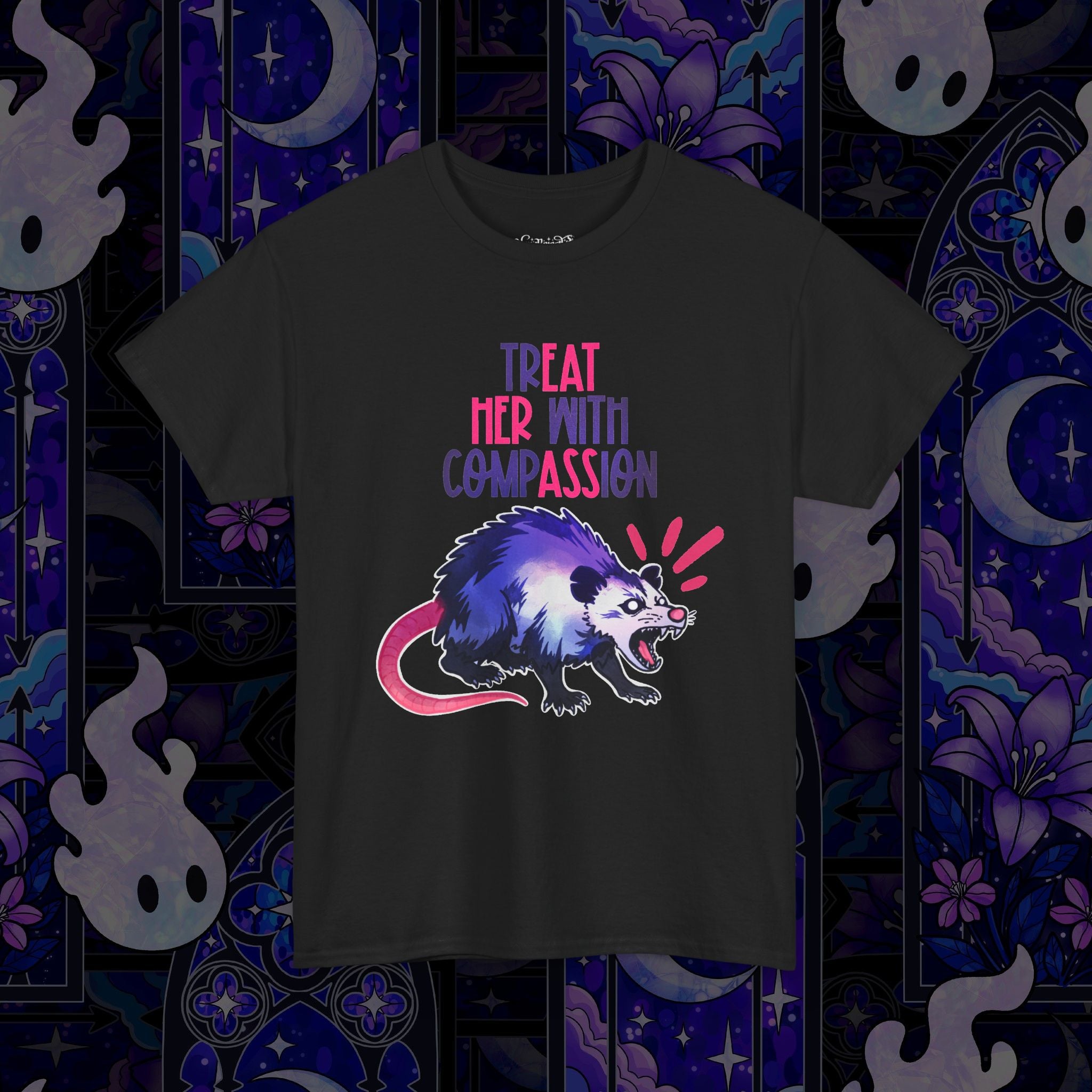 Purple/Pink Treat Her With Compassion Opossum Tee — 'Treat Her With Compassion / Eat Her Ass' Graphic Tee Shirt