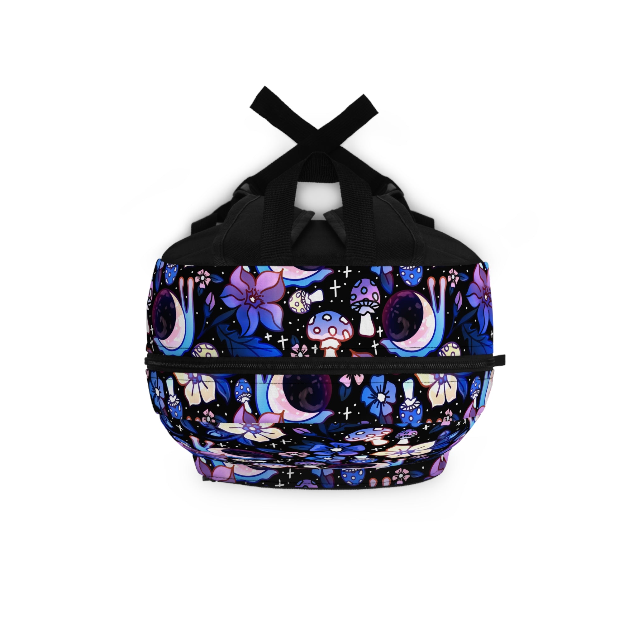 Moonshell Celestial Floral Backpack — Moon, Mushrooms, Snails, & Purple Flowers Printed School Bag