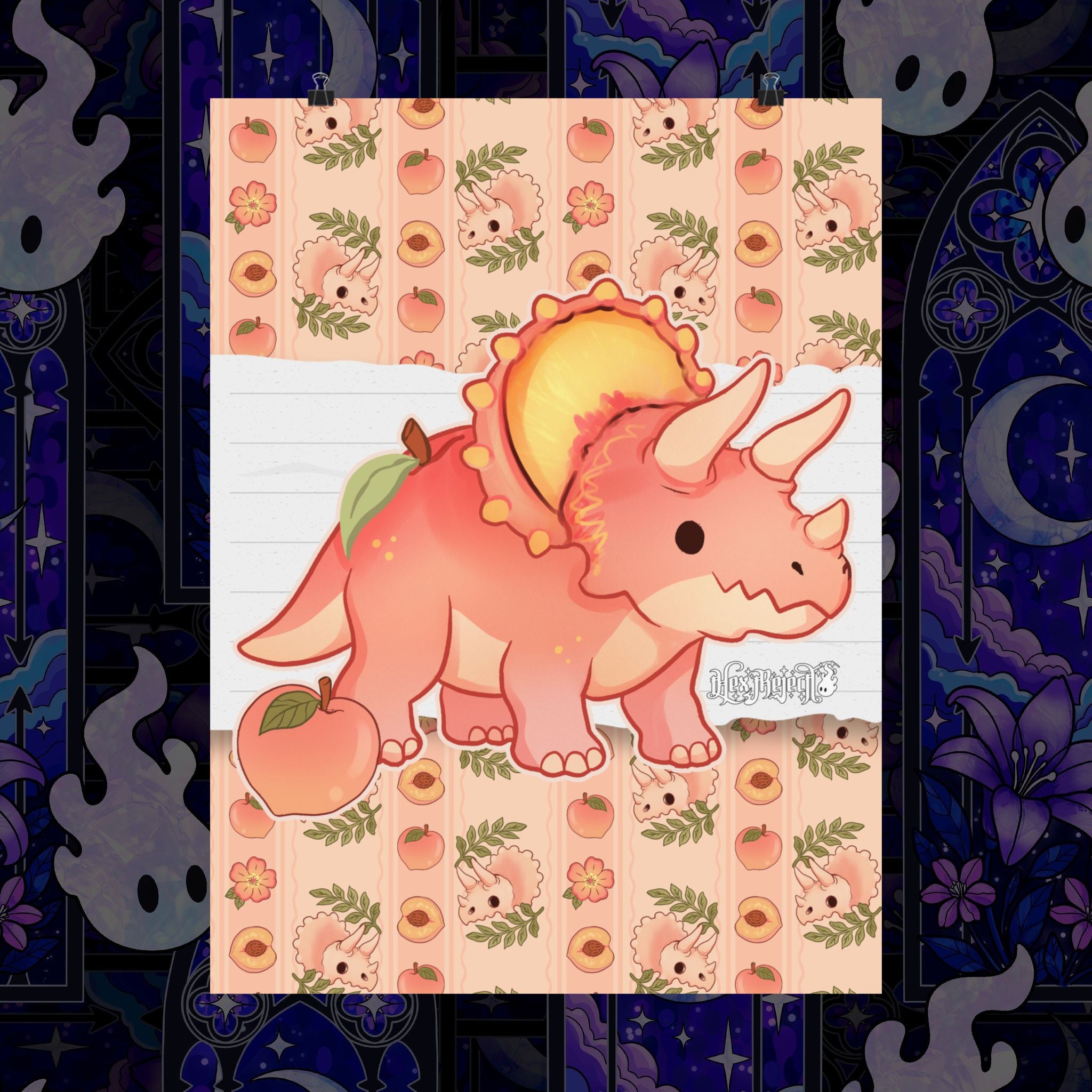 Peach Triceratops Dinosaur Matte Vertical Poster Art Print. Peachasaurus.
