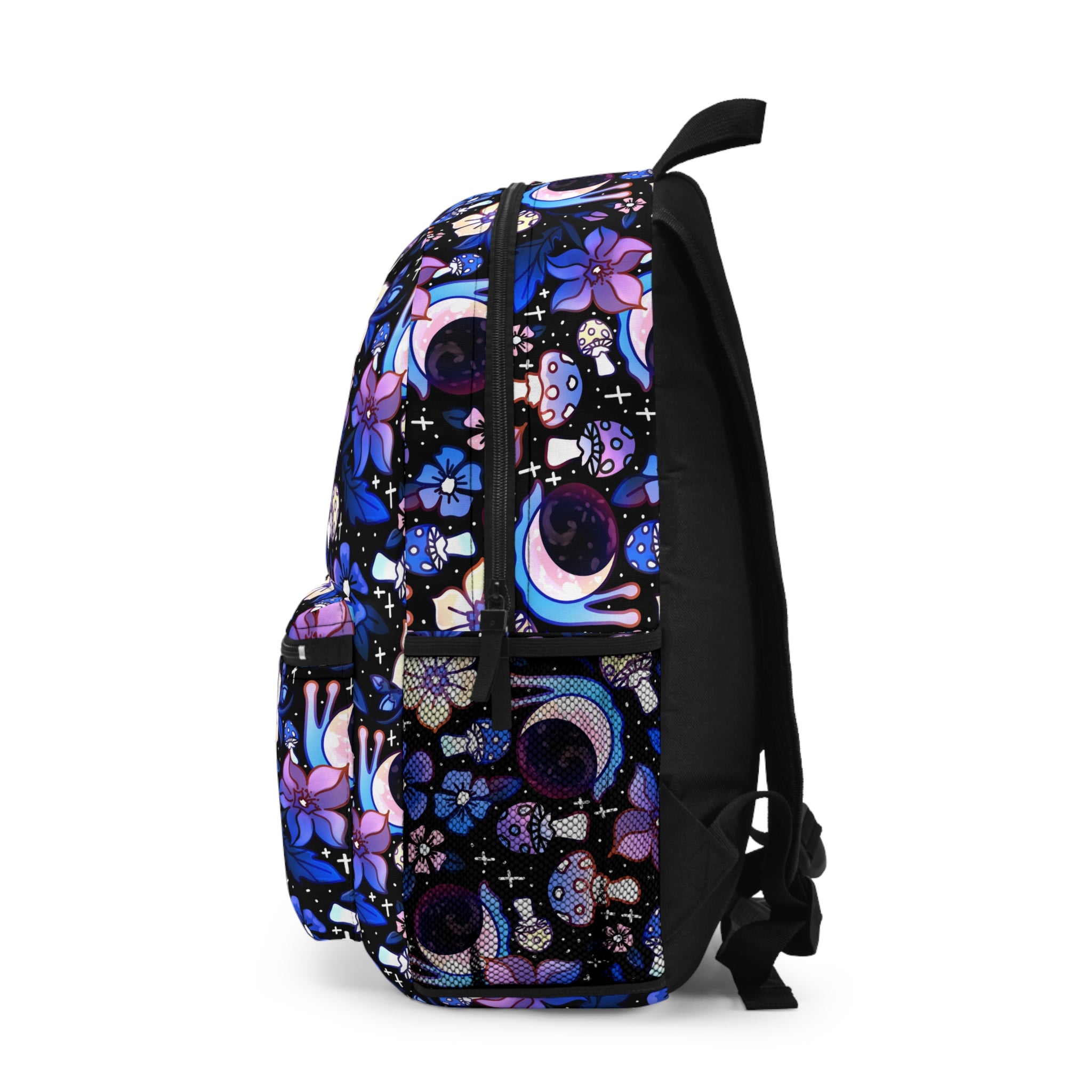 Moonshell Celestial Floral Backpack — Moon, Mushrooms, Snails, & Purple Flowers Printed School Bag