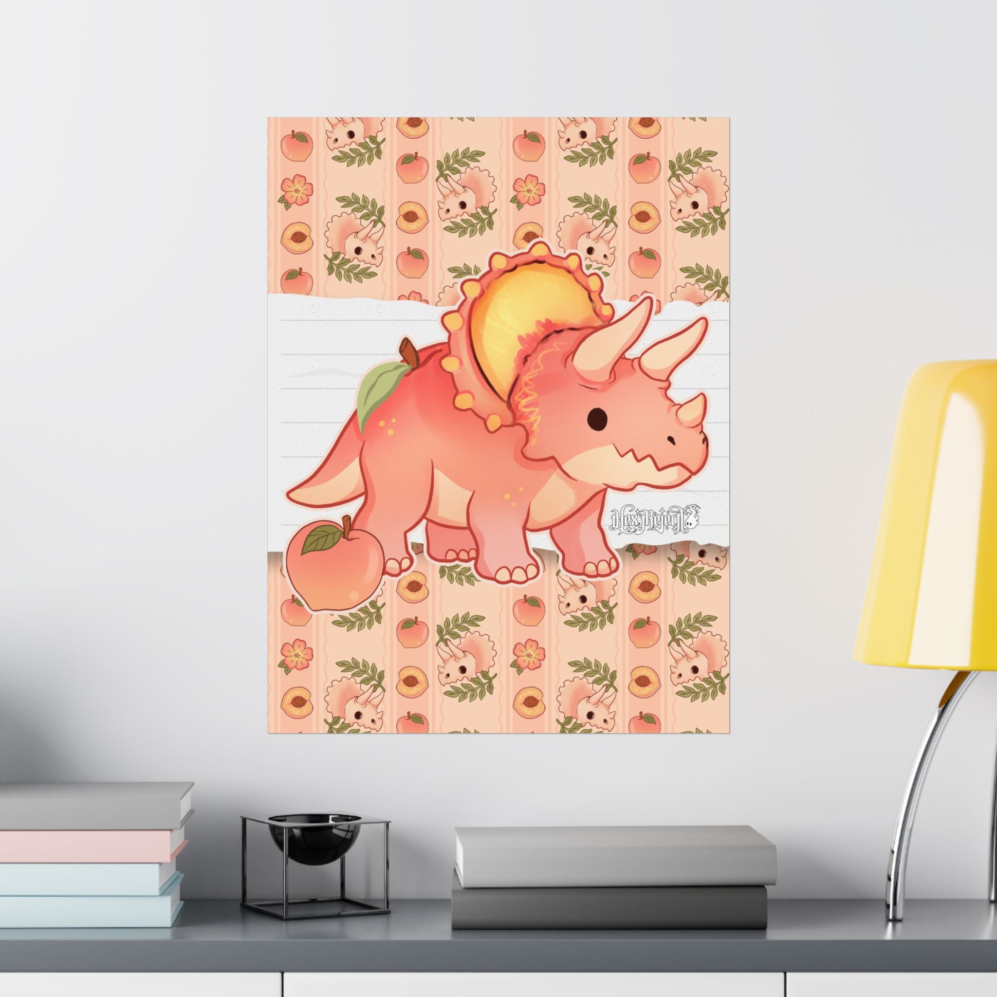 Peach Triceratops Dinosaur Matte Vertical Poster Art Print. Peachasaurus.