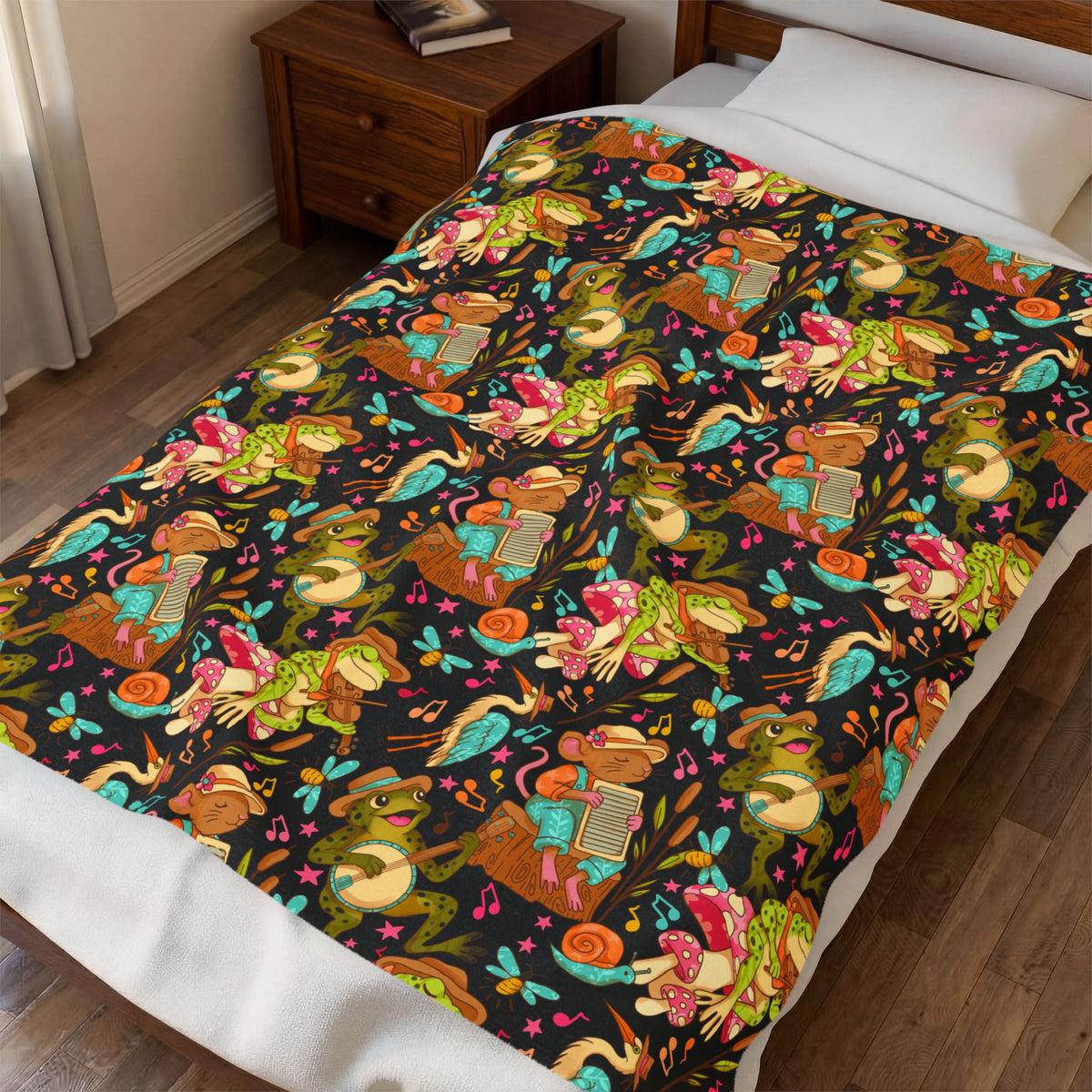 Swamp Jamboree Velveteen Plush Blanket — Colorful Frog Bluegrass Dopamine Band Pattern