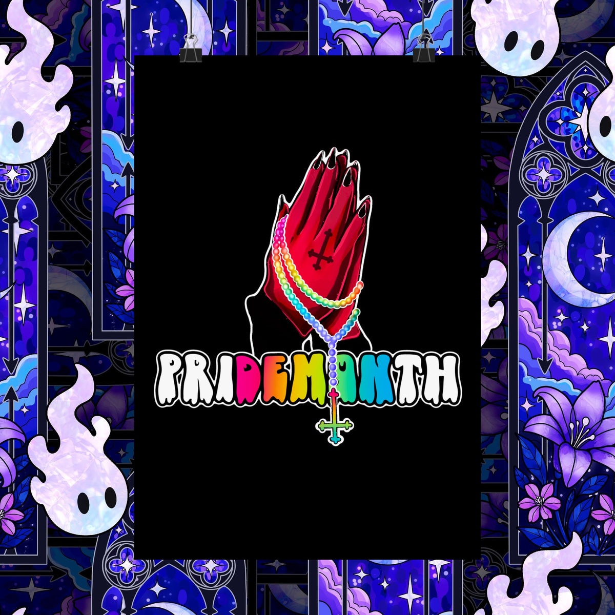 priDEMONth Poster — Rainbow 'Pride Month' Praying Hands Matte Vertical Poster