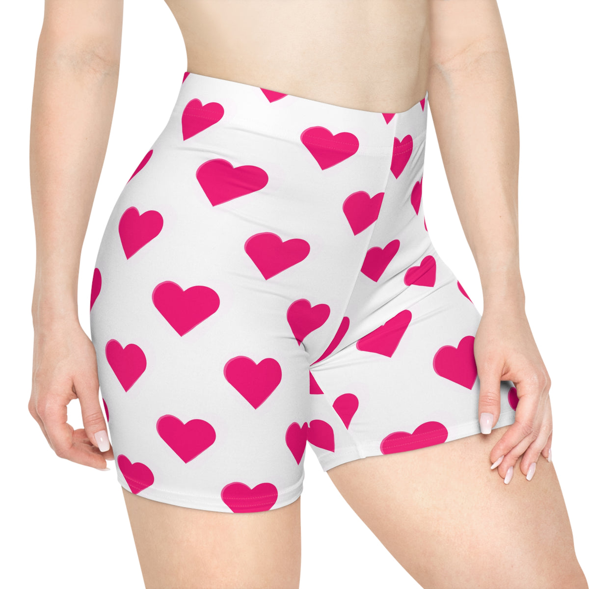 Women’s Heart Print Biker Shorts - Pink Hearts All-Over Print