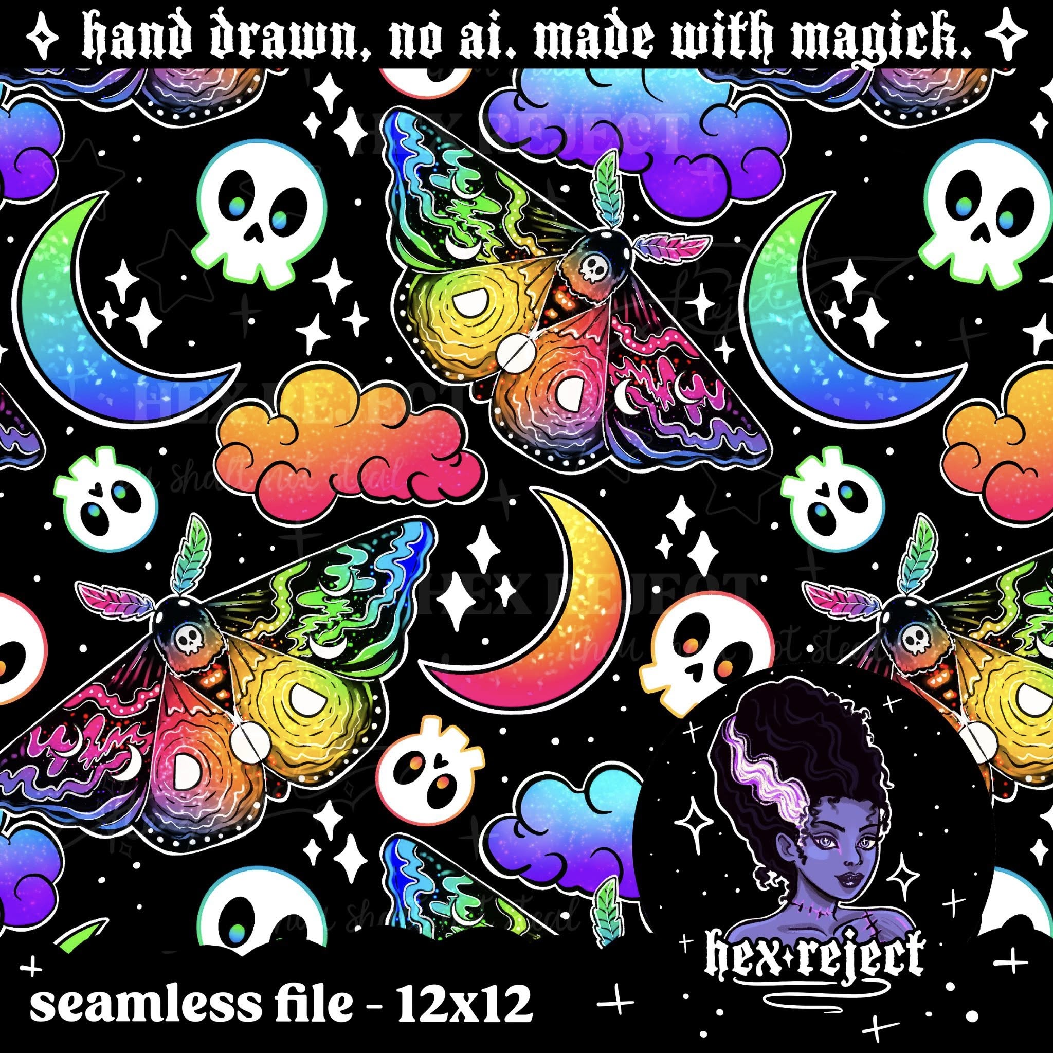 Rainbow Goth Moth Revamp - Seamless & PNG files - Hexmas Advent Calendar - Day 4