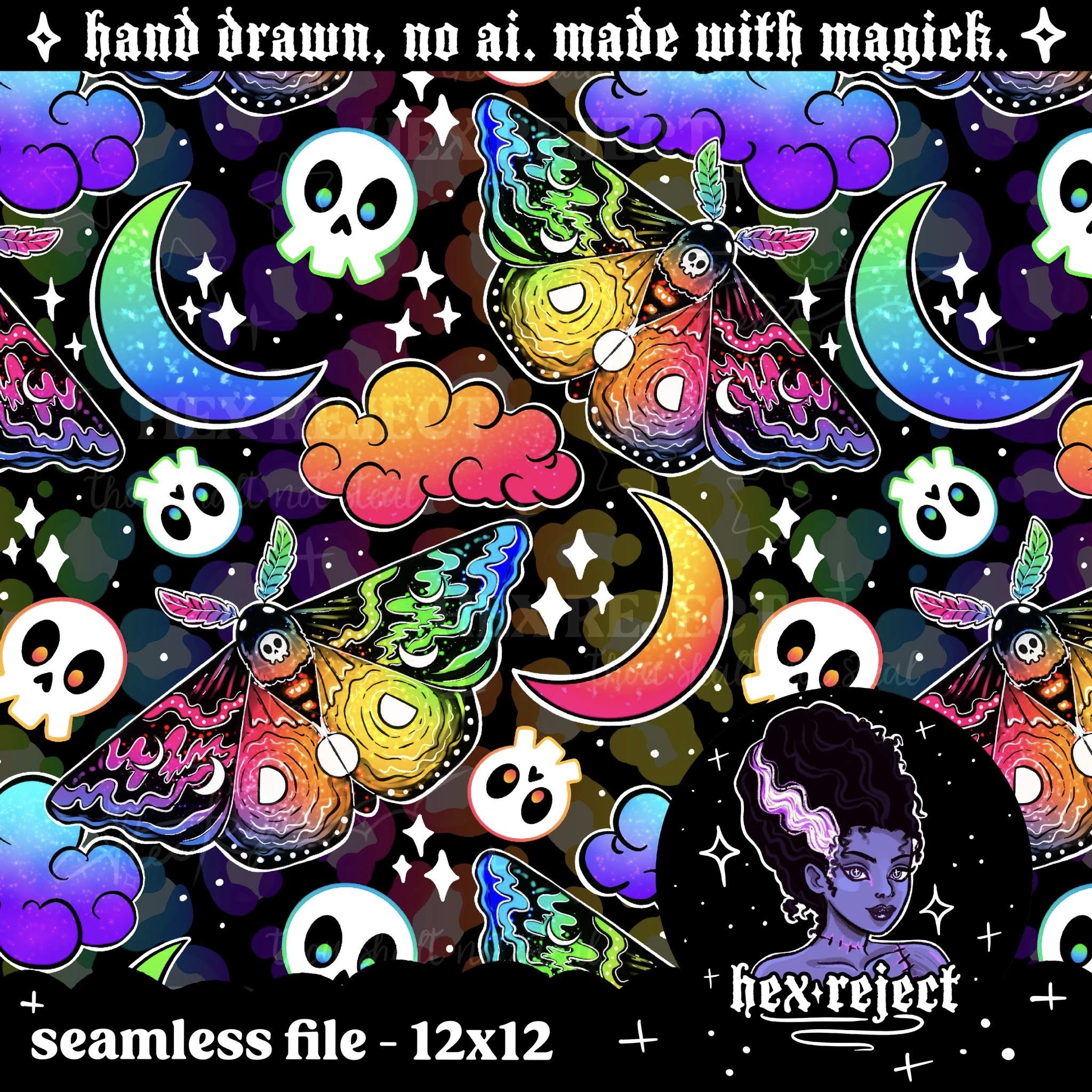 Rainbow Goth Moth Revamp - Seamless & PNG files - Hexmas Advent Calendar - Day 4