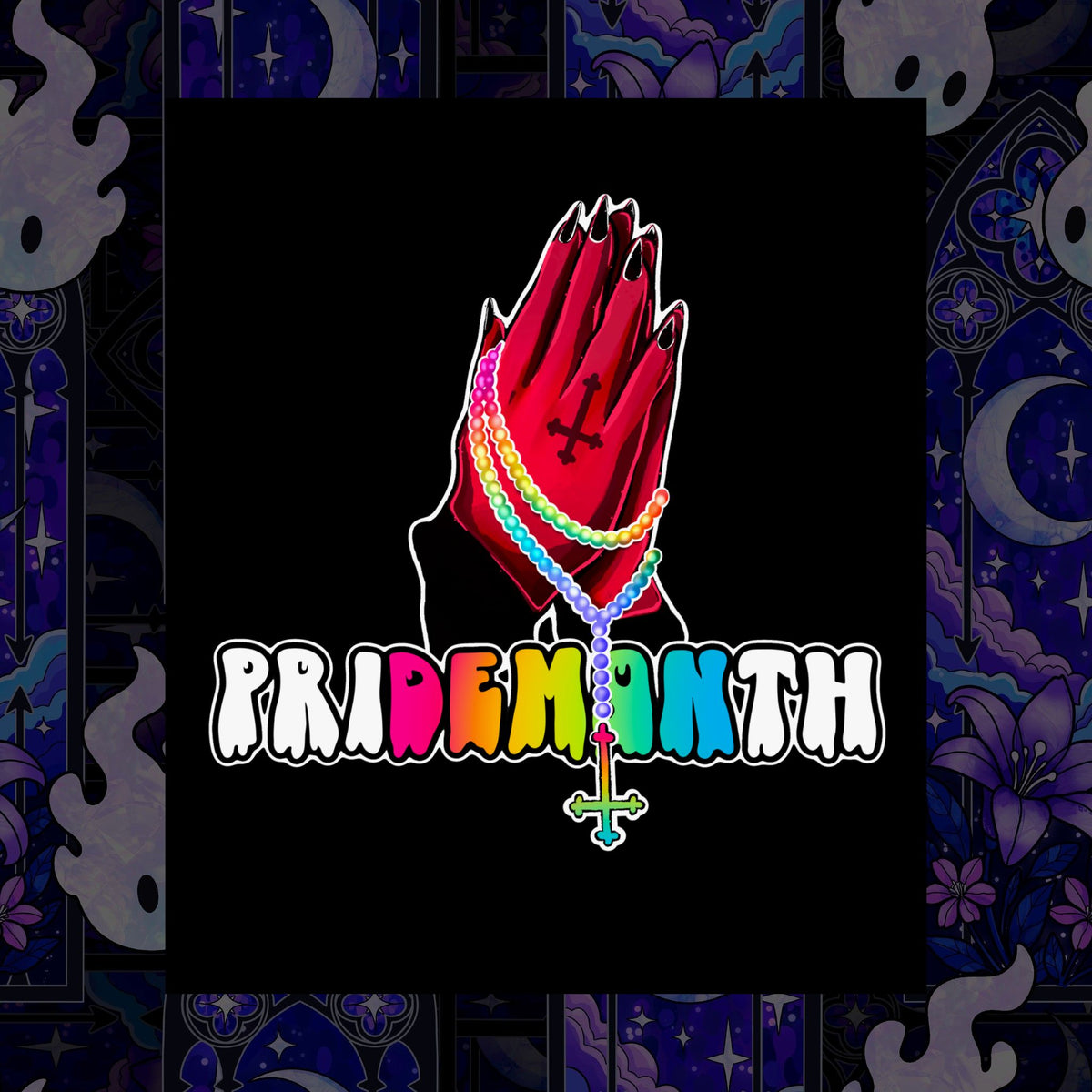 priDEMONth Poster — Rainbow 'Pride Month' Praying Hands Matte Vertical Poster