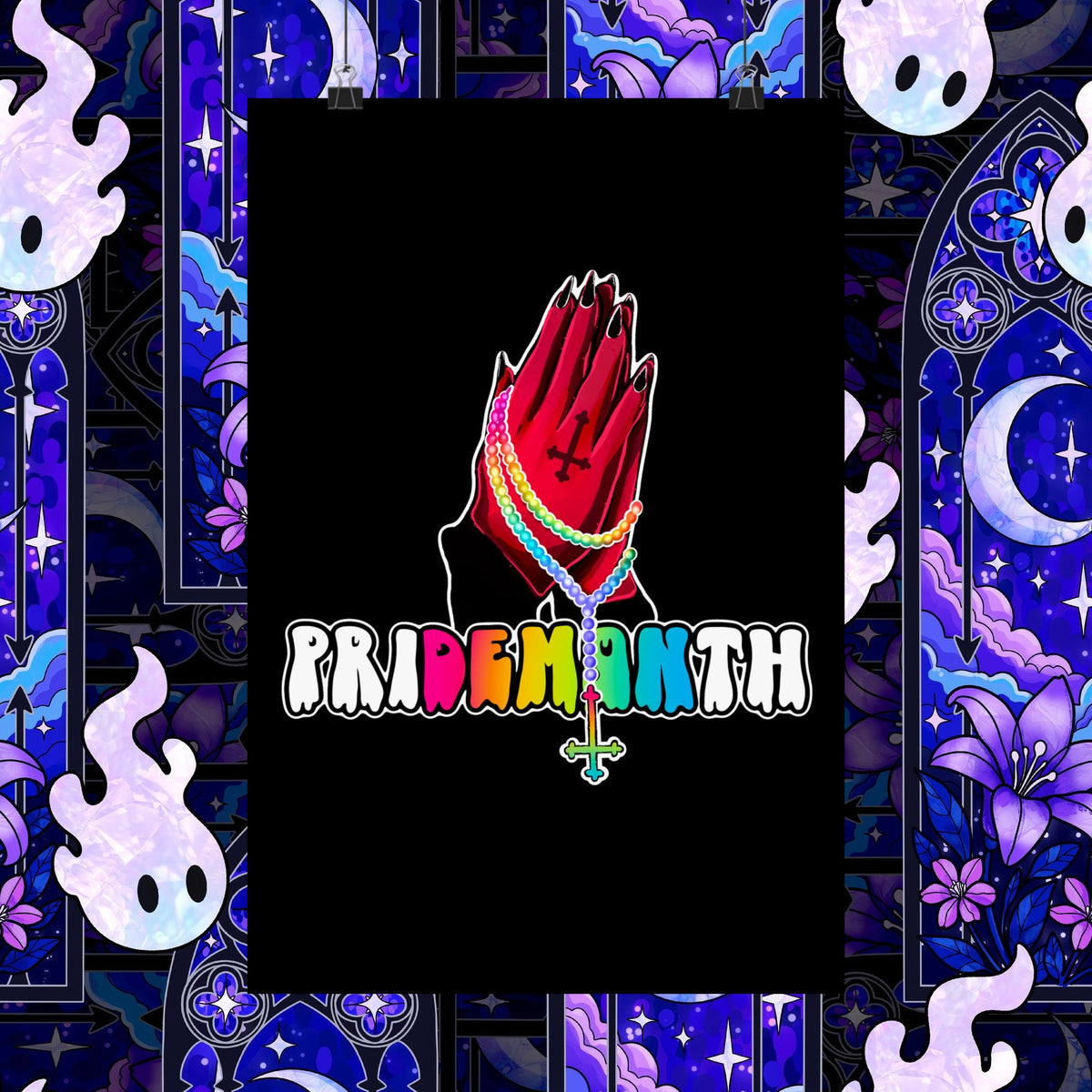 priDEMONth Poster — Rainbow 'Pride Month' Praying Hands Matte Vertical Poster