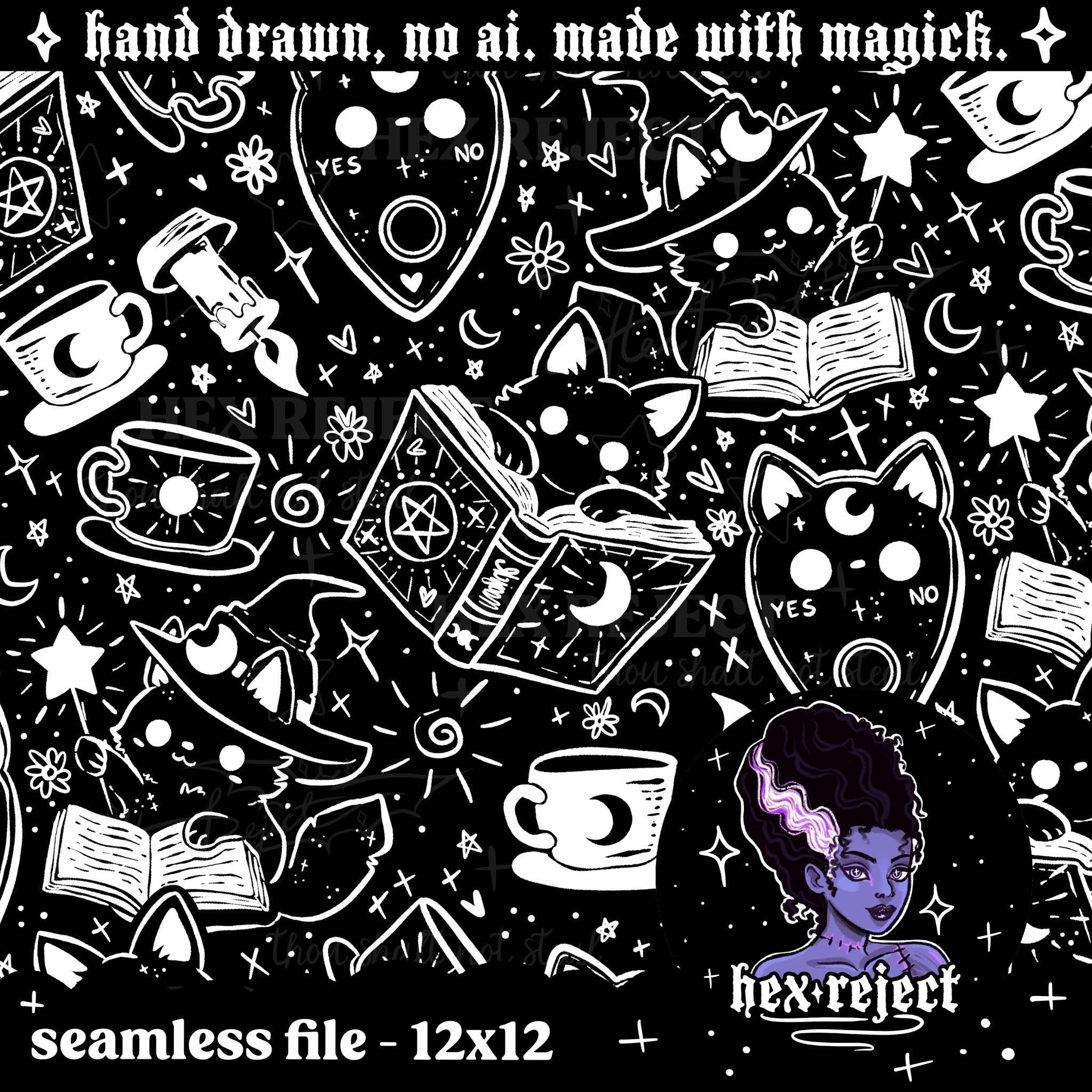 Bookish Kitty Witches - Seamless & PNG files - Hexmas Advent Calendar - Day 16