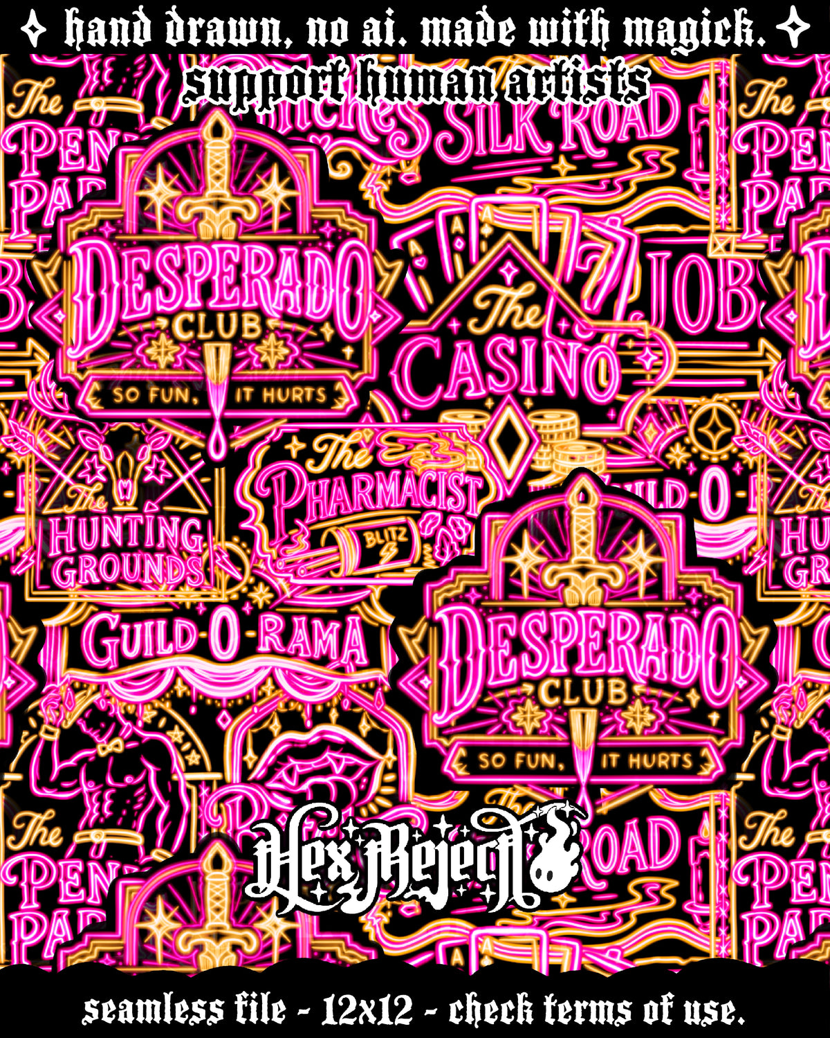 Day Nineteen - Neon - Dungeon Crawler Carl - Desperado Club - Stacked signs: Hextober - Seamless file