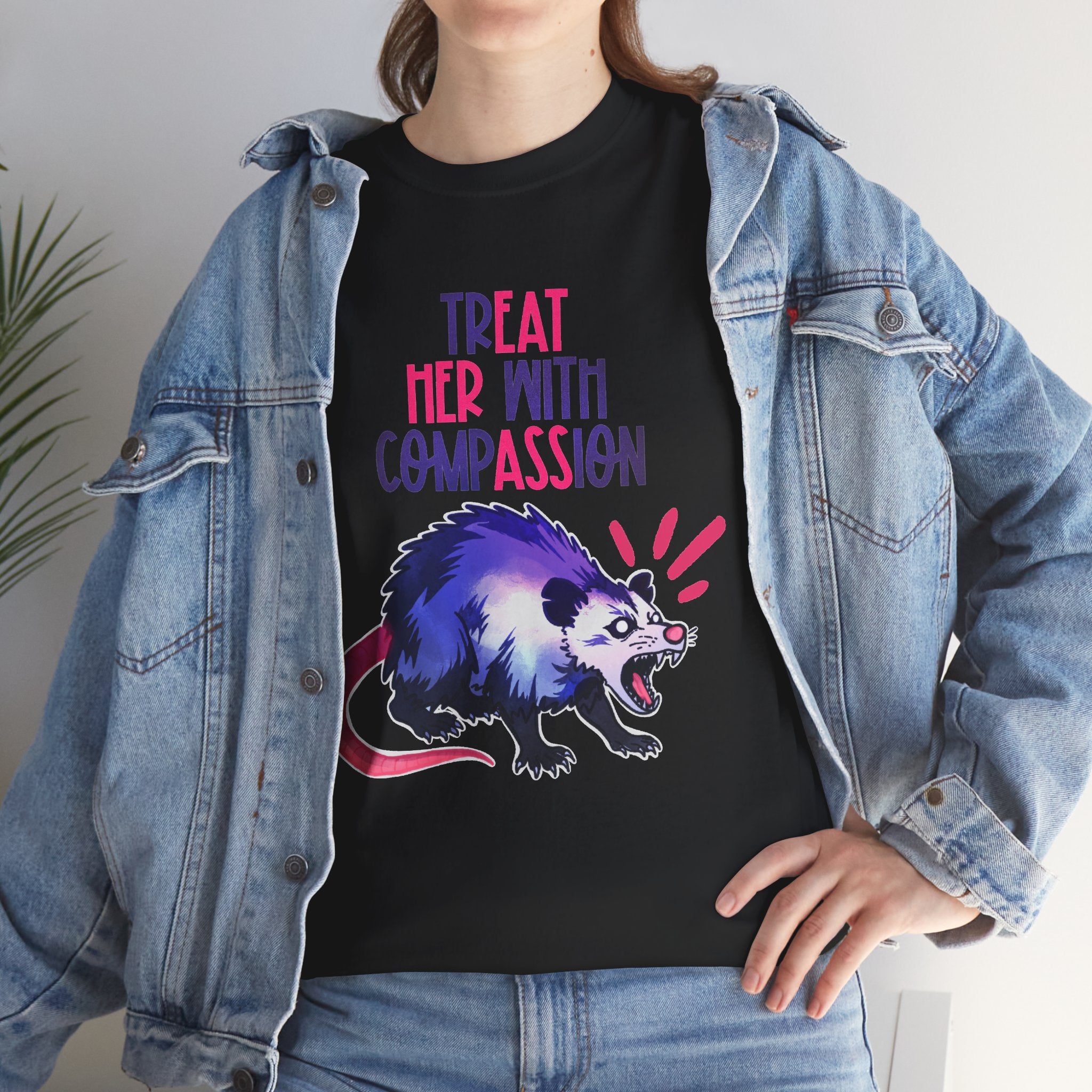 Purple/Pink Treat Her With Compassion Opossum Tee — 'Treat Her With Compassion / Eat Her Ass' Graphic Tee Shirt