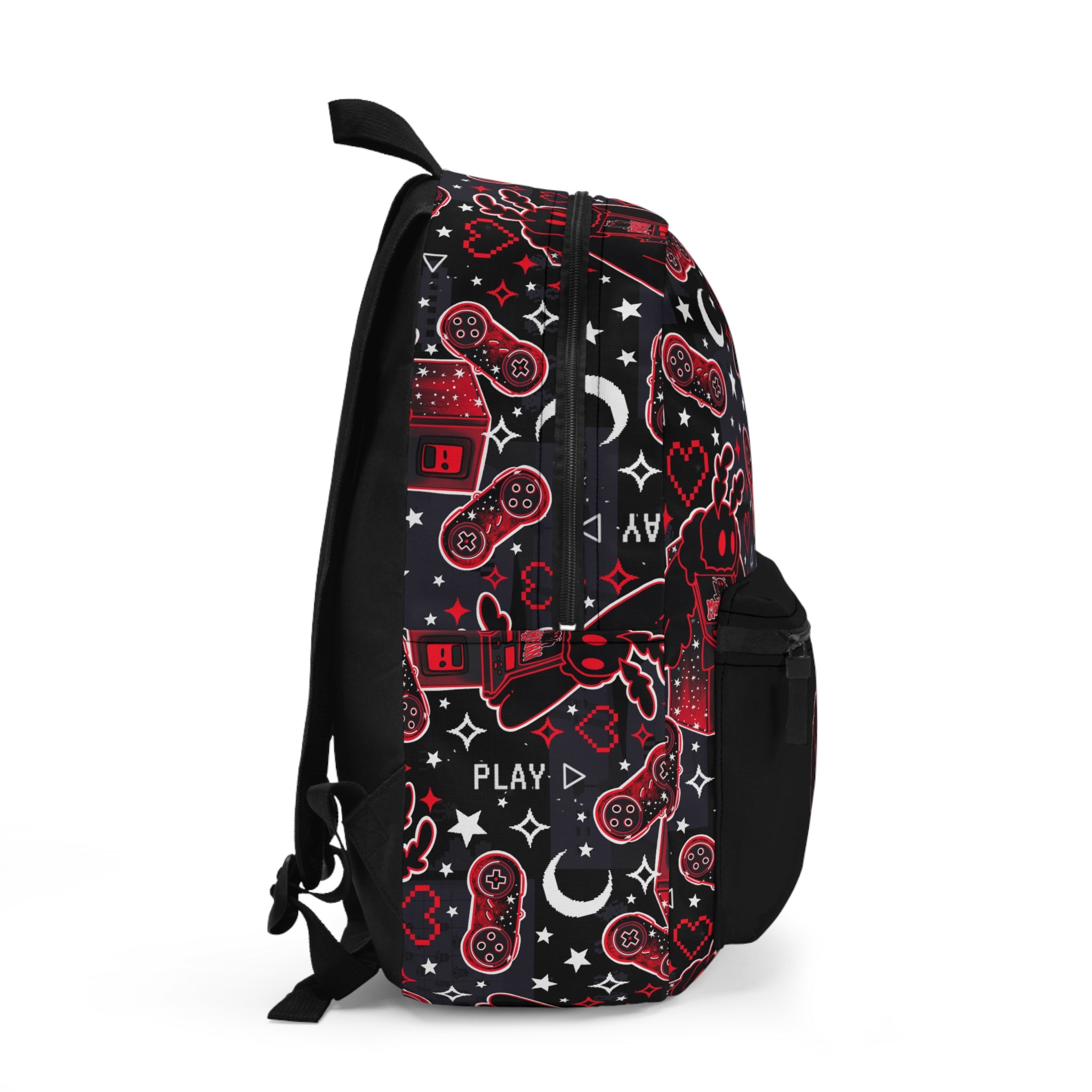 Mothman Gaming Backpack — Retro Controllers, Hearts & "Play" Pattern