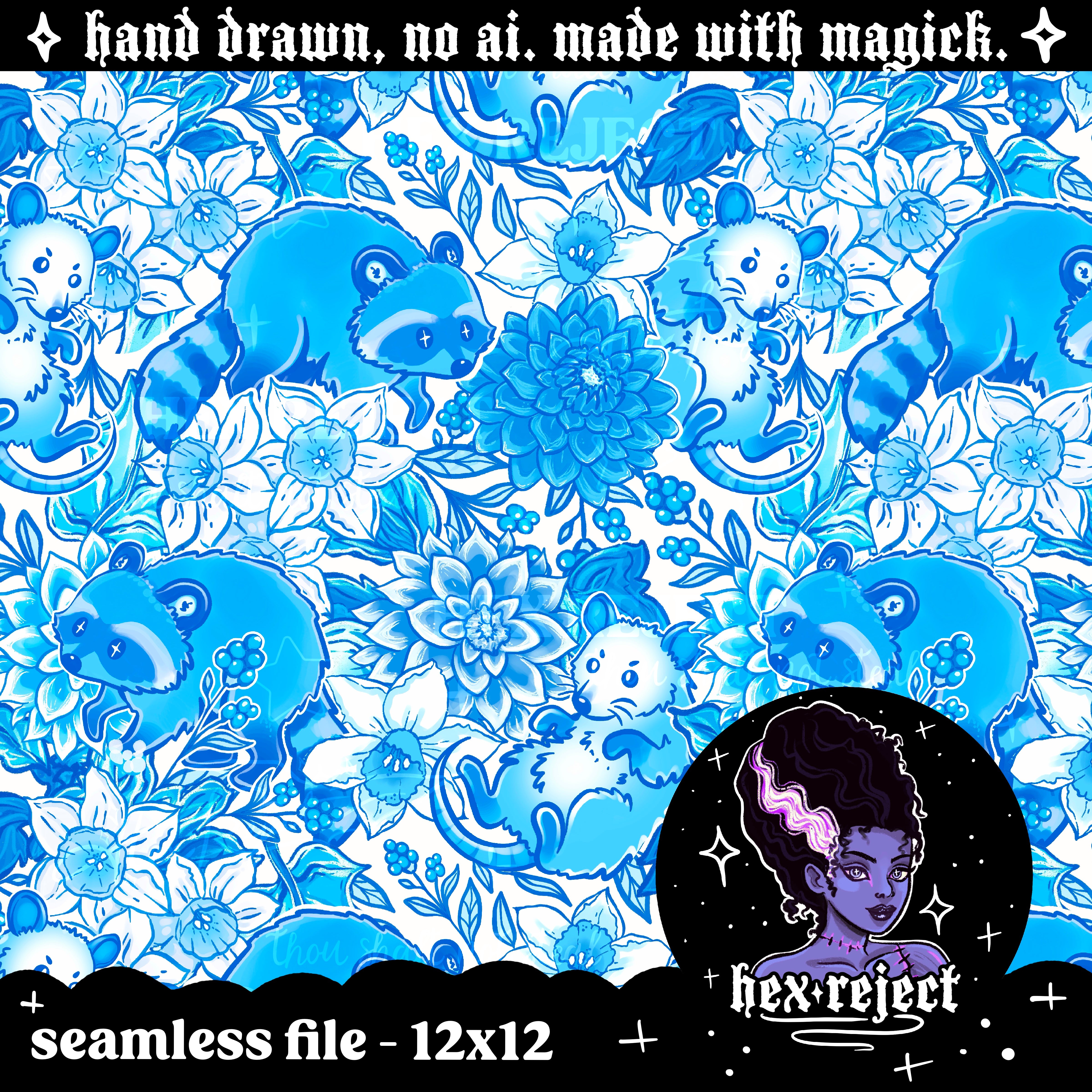 Feral - Blue Porcelain Raccoons and Opossums - Seamless & PNG files - Hextober 2025