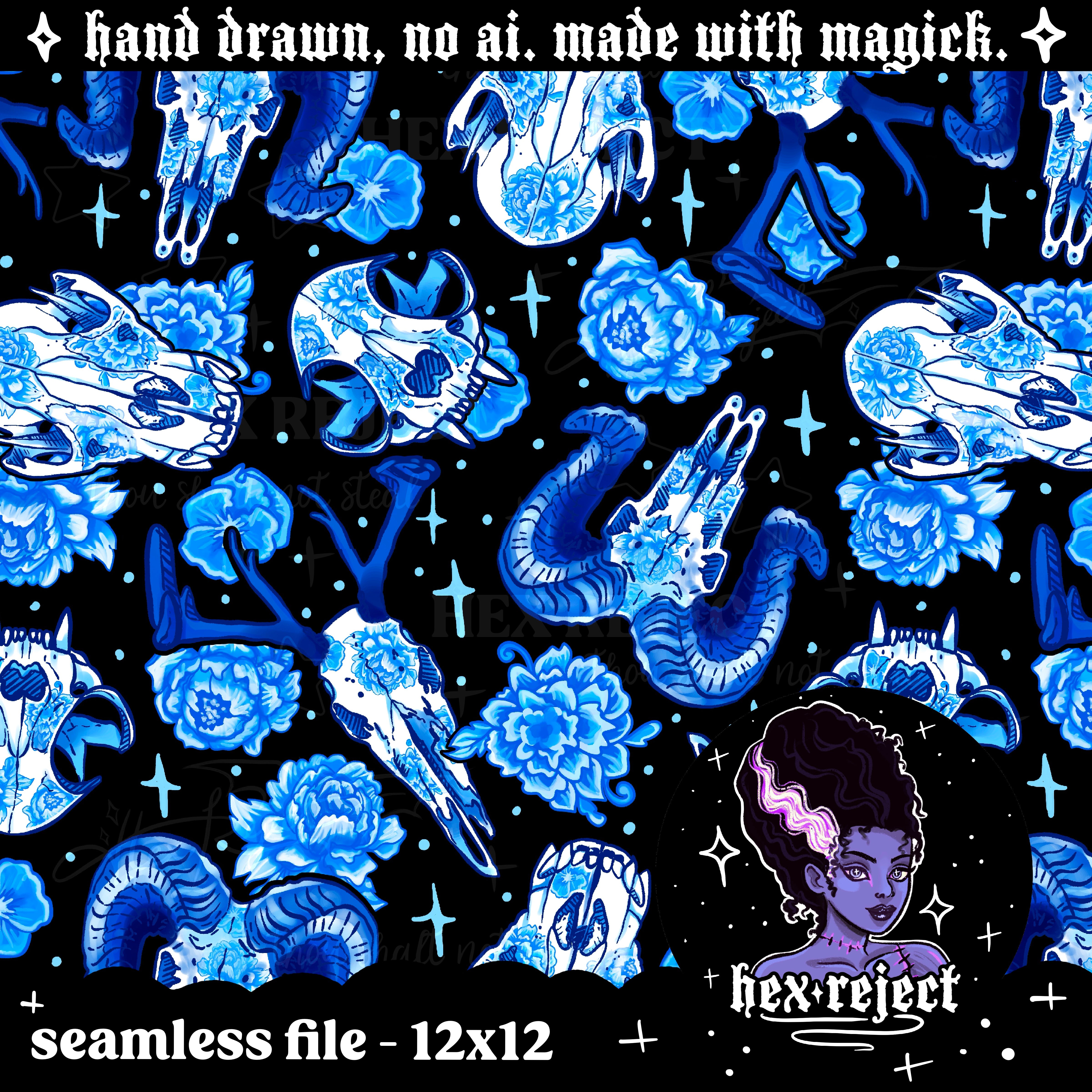 Oddities - blue porcelain skulls - Seamless & PNG files - Hextober 2025