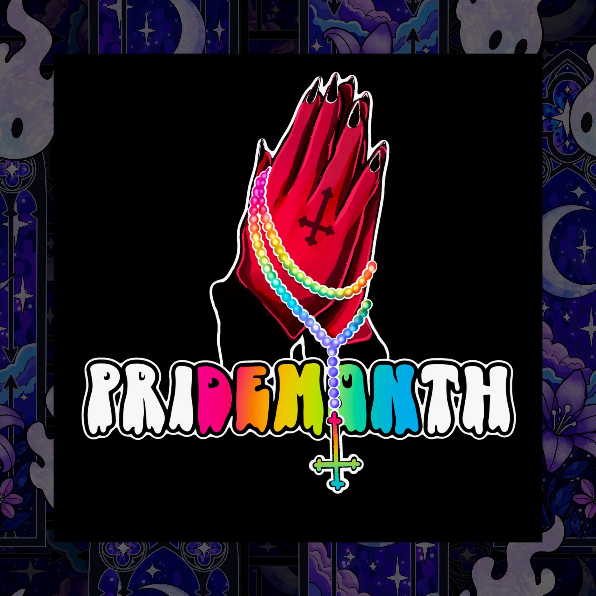priDEMONth Poster — Rainbow 'Pride Month' Praying Hands Matte Vertical Poster