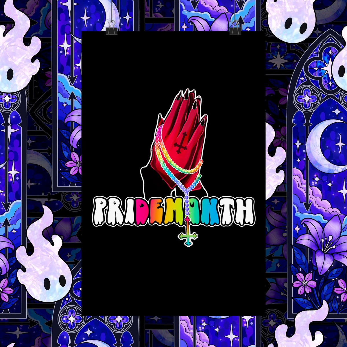 priDEMONth Poster — Rainbow 'Pride Month' Praying Hands Matte Vertical Poster