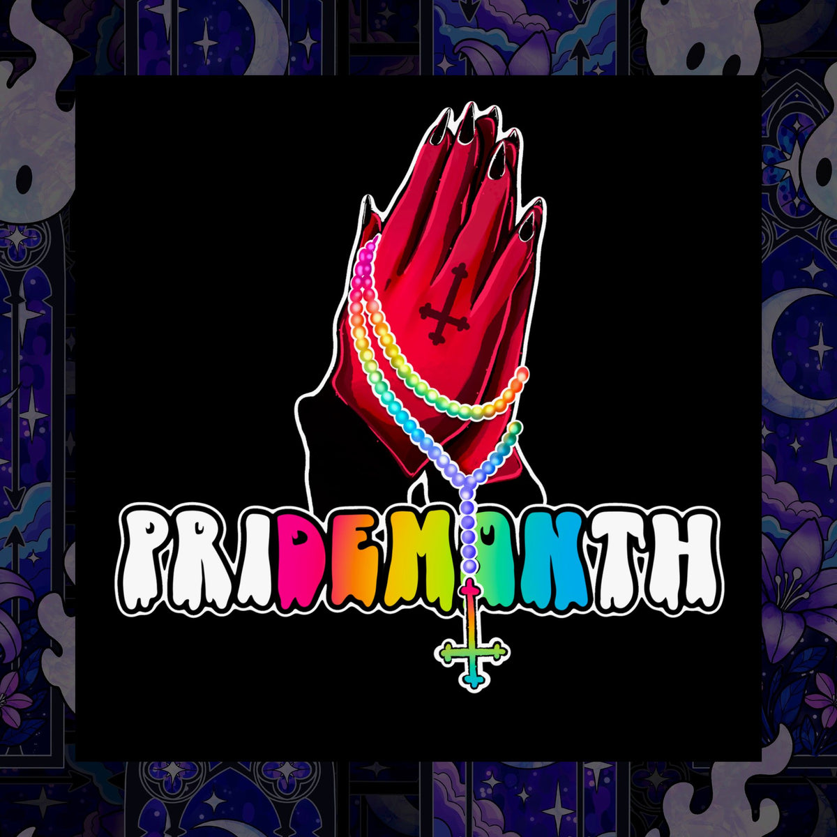 priDEMONth Poster — Rainbow 'Pride Month' Praying Hands Matte Vertical Poster