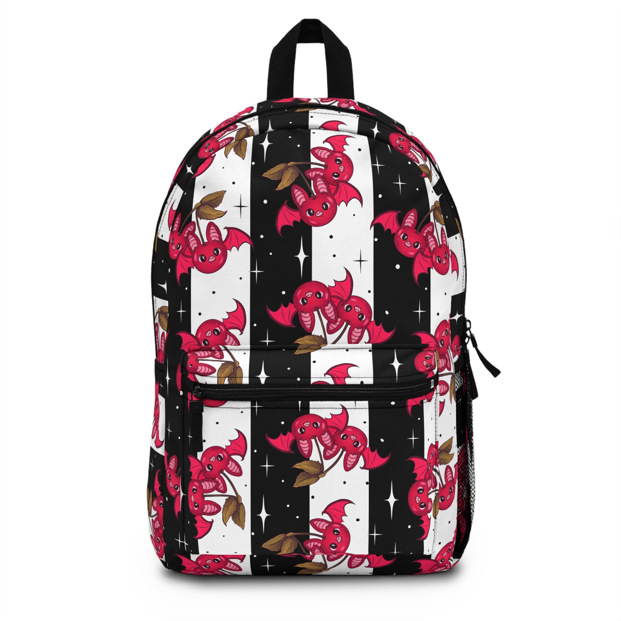 Cherry Fruit Bat Pattern Backpack — Cute Red Bat Striped School Bag