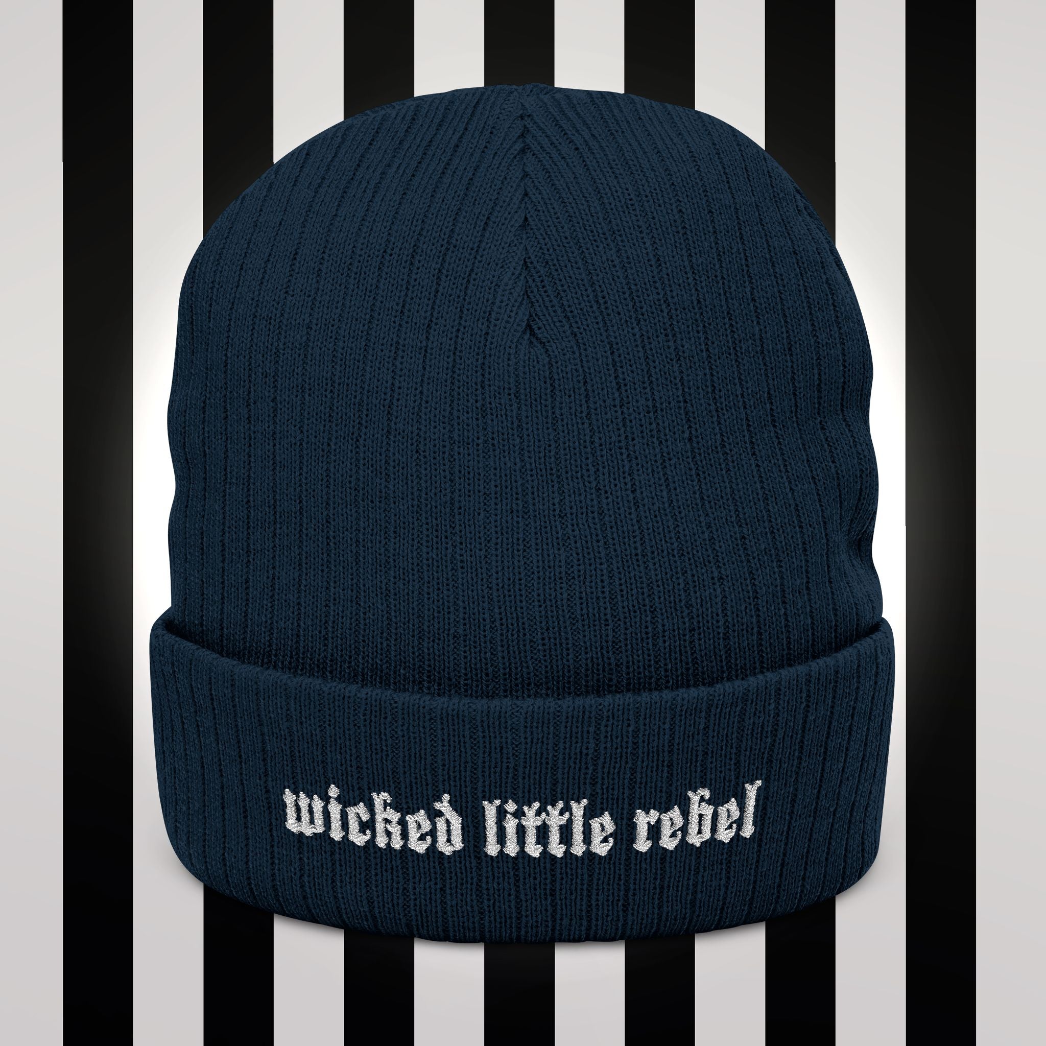 Wicked little rebel Ribbed Knit Beanie – Stylish Embroidered Cap for All Seasons