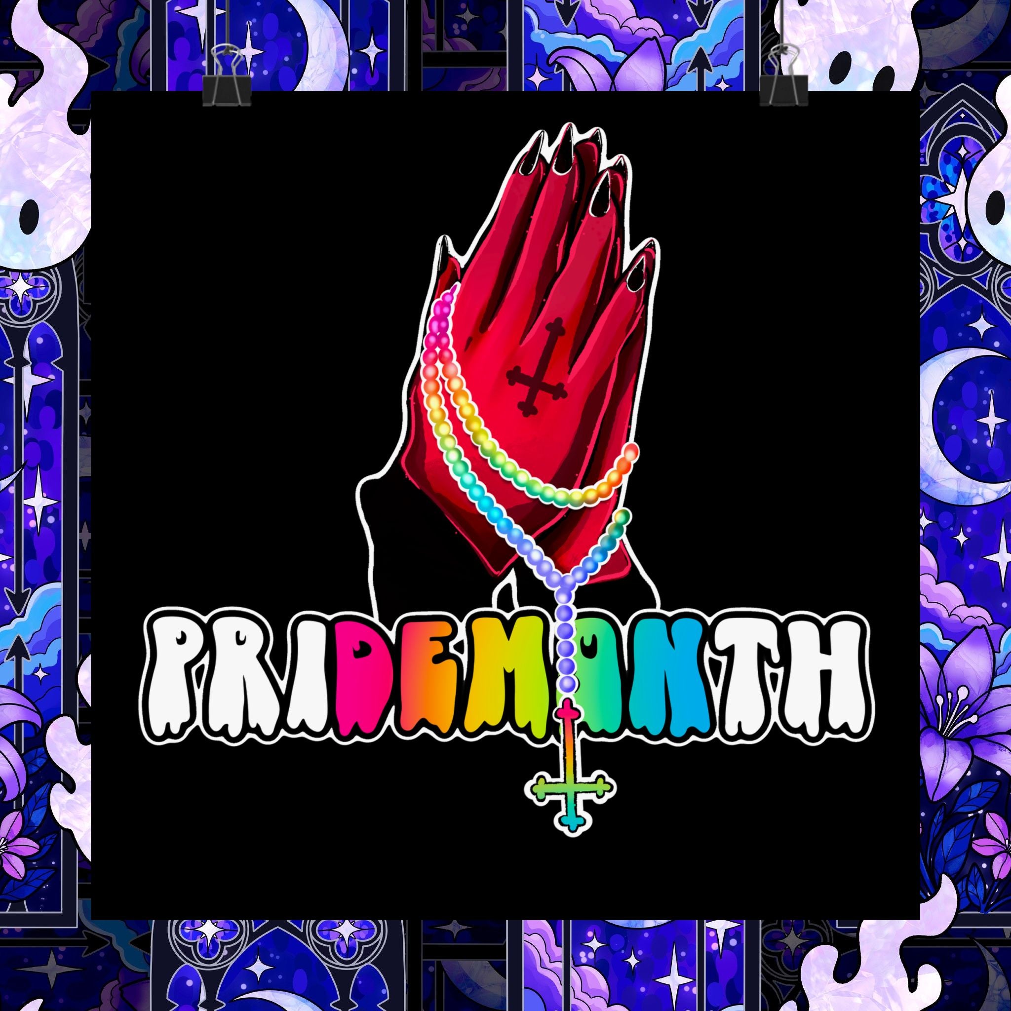 priDEMONth Poster — Rainbow 'Pride Month' Praying Hands Matte Vertical Poster