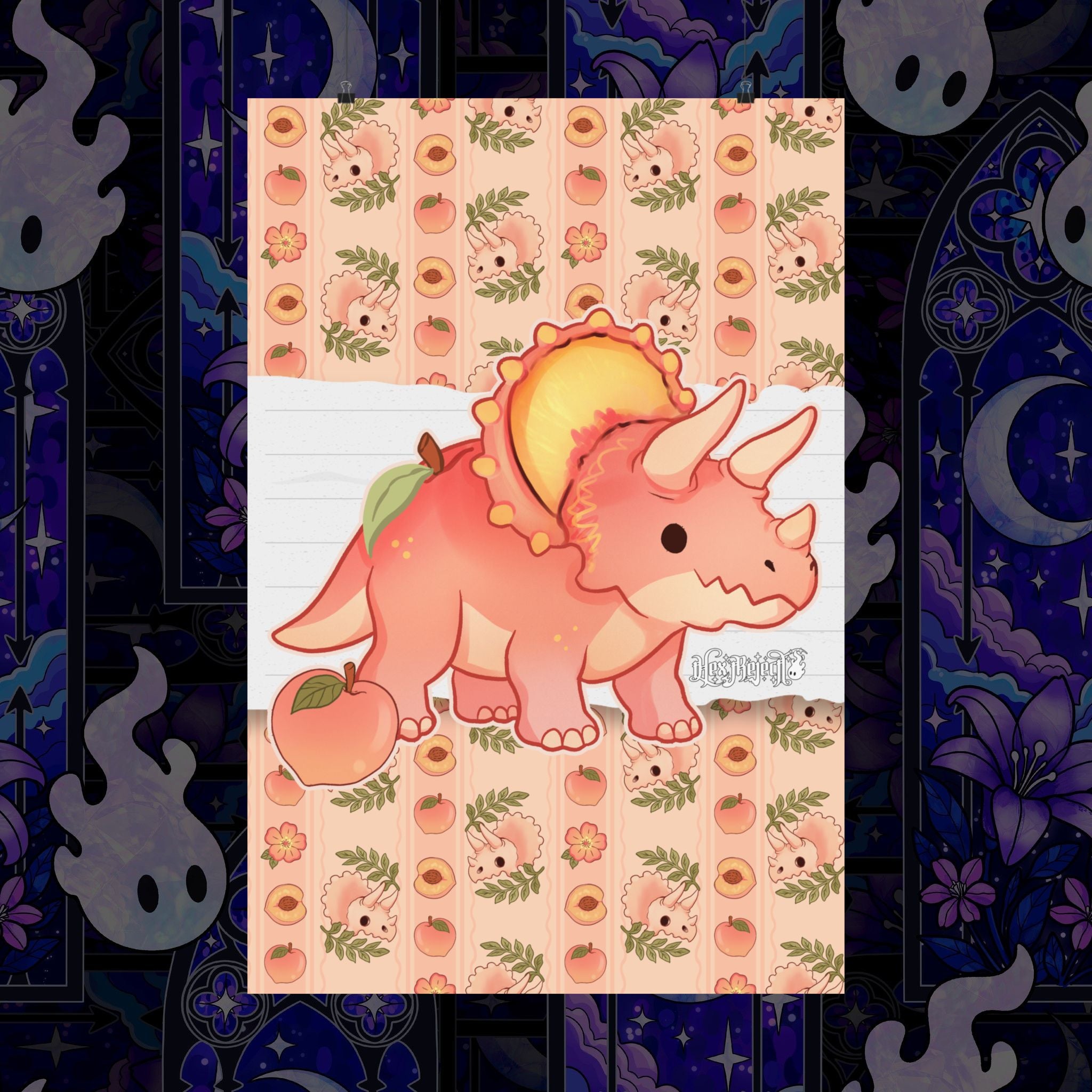 Peach Triceratops Dinosaur Matte Vertical Poster Art Print. Peachasaurus.