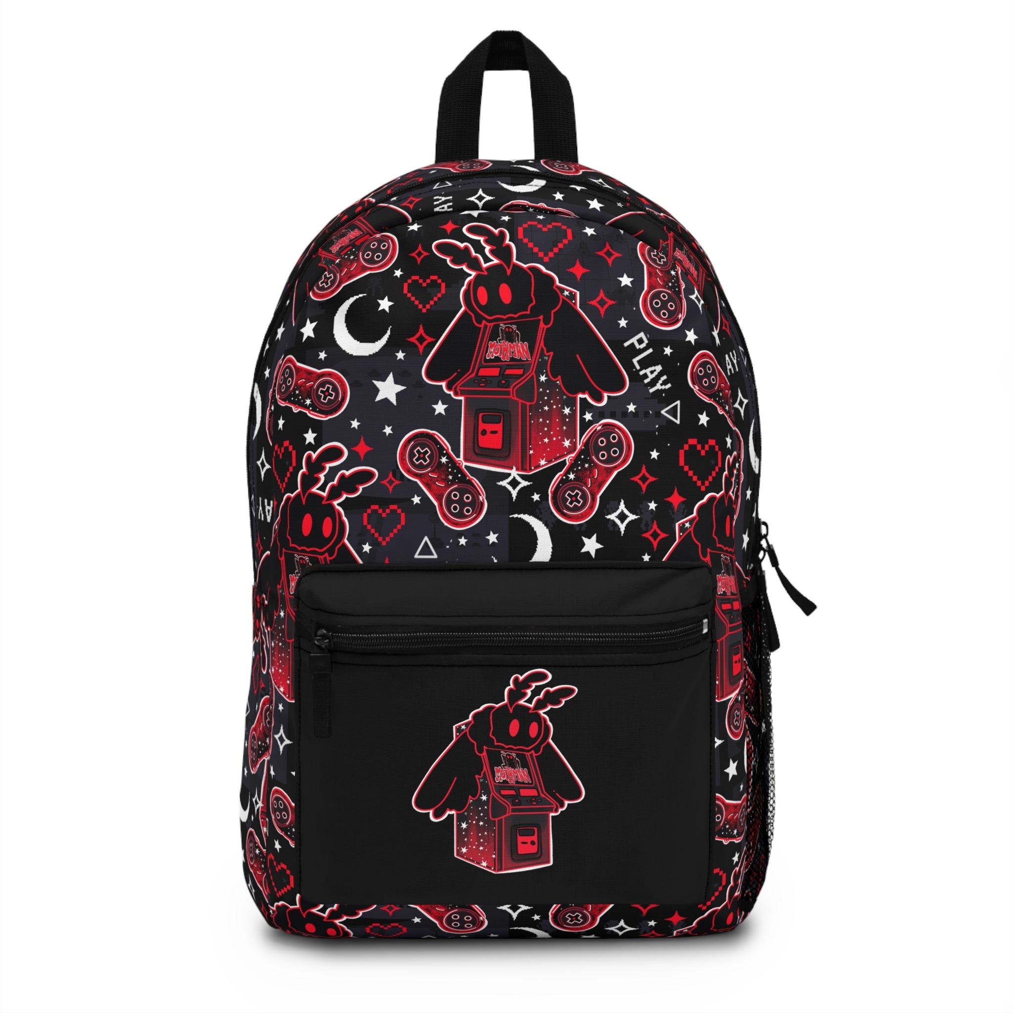 Mothman Gaming Backpack — Retro Controllers, Hearts & "Play" Pattern