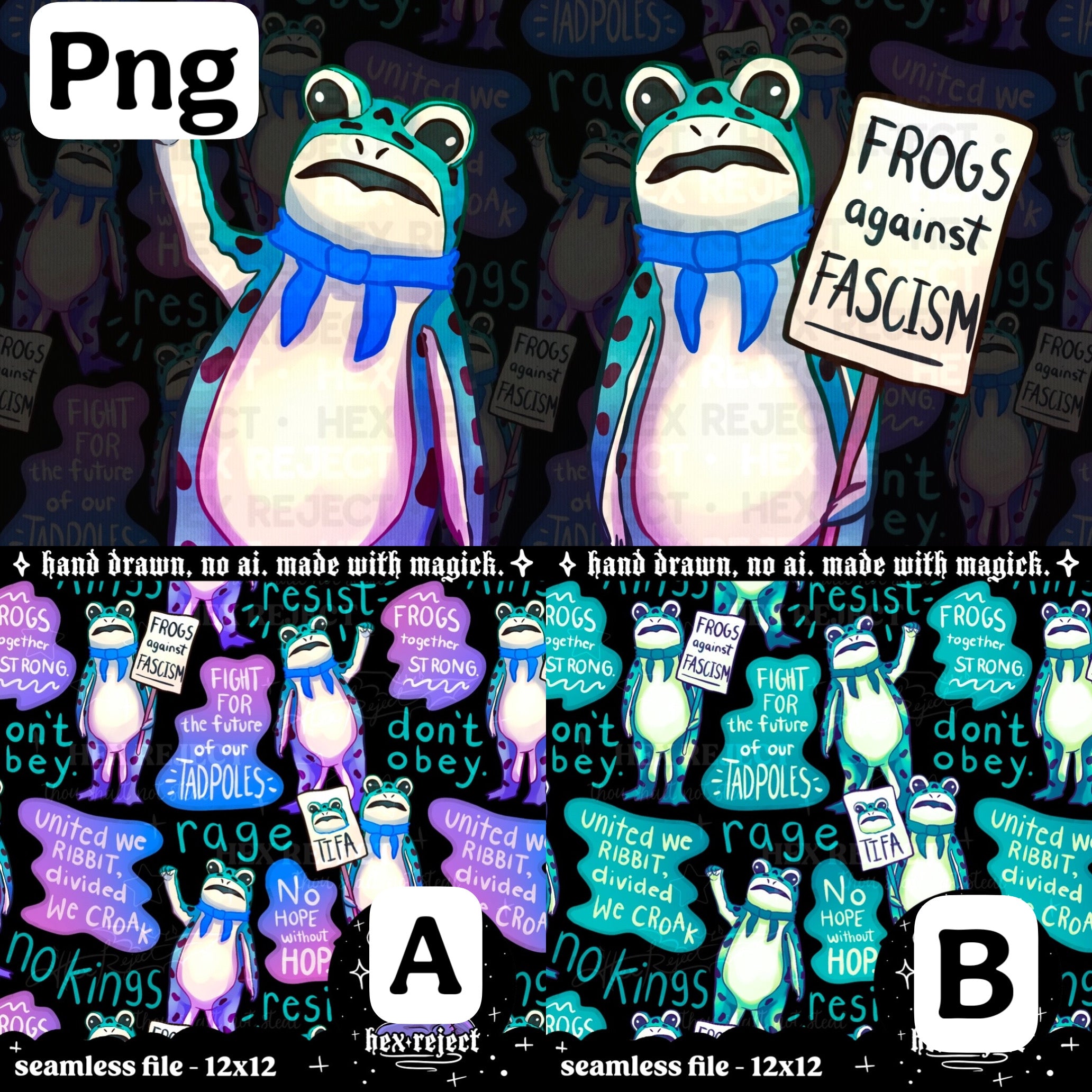 Portland Frog - antifa, antifascist, protest, human rights - Seamless & PNG files - Hextober 2025