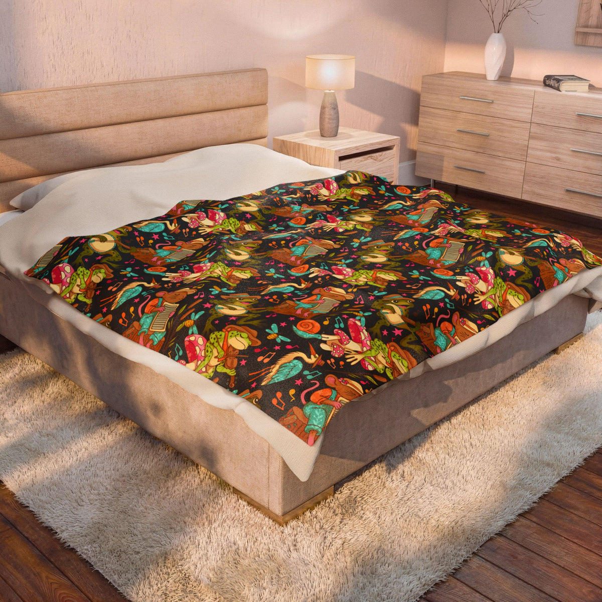 Swamp Jamboree Velveteen Plush Blanket — Colorful Frog Bluegrass Dopamine Band Pattern