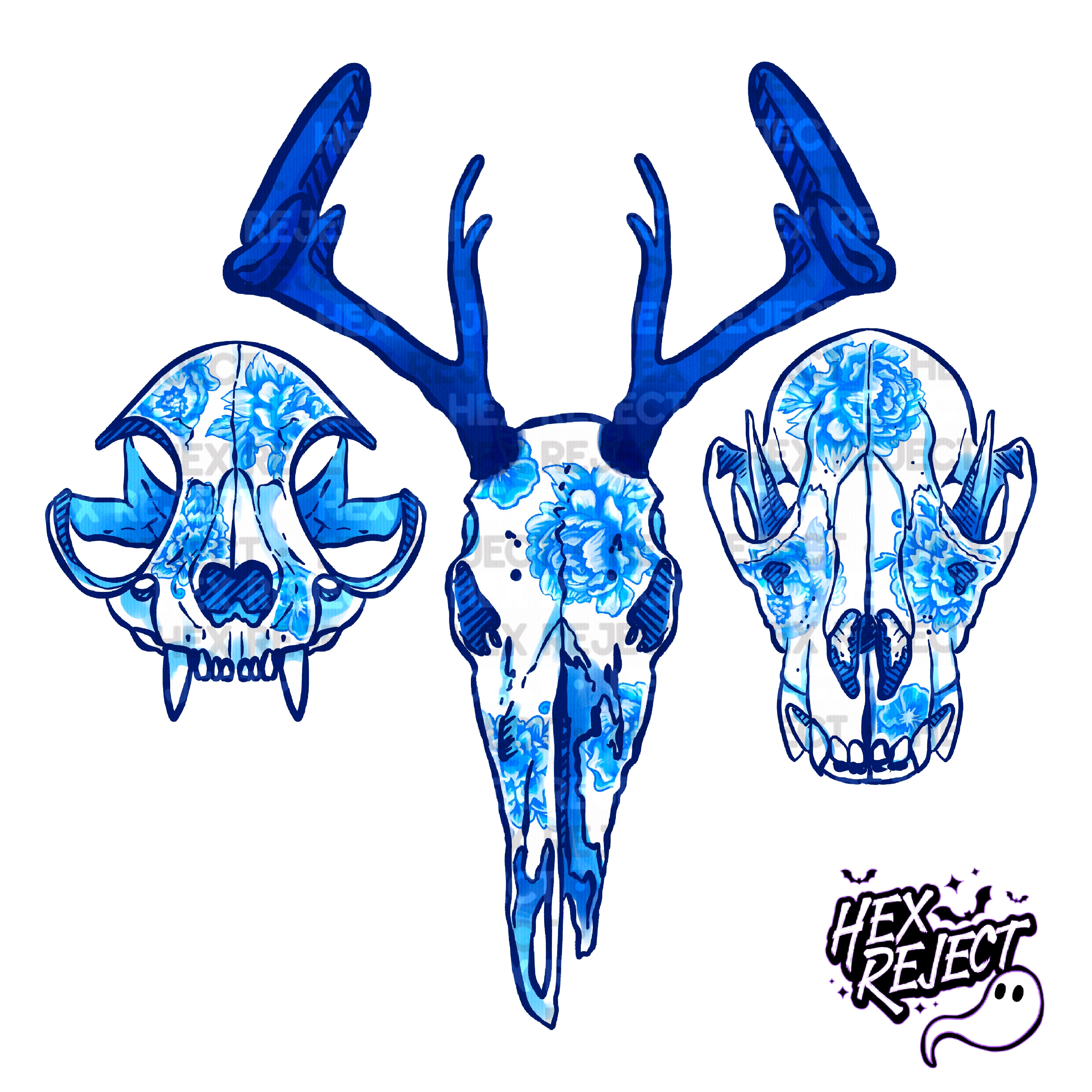 Oddities - blue porcelain skulls - Seamless & PNG files - Hextober 2025